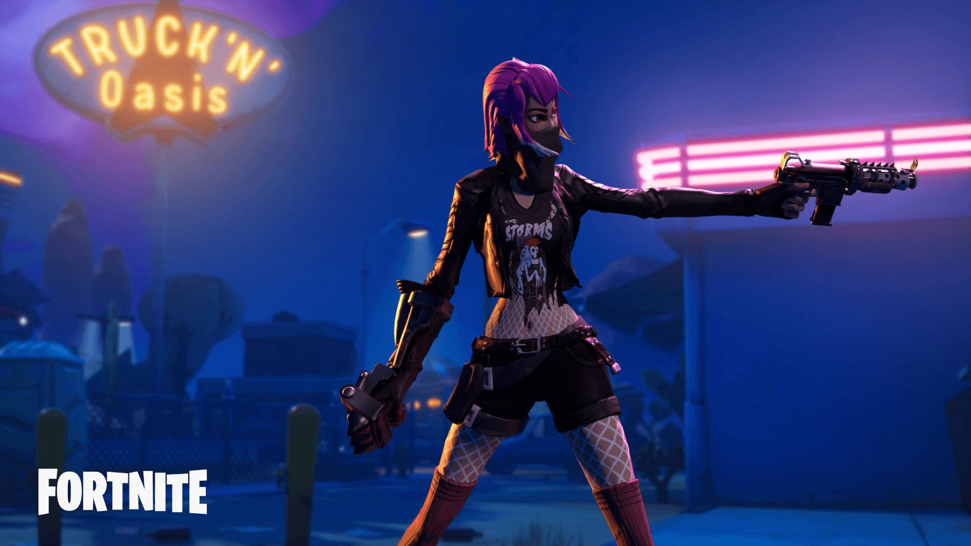 Fortnite, pink hair, neon lights, Full HD Desktop Wallpaper