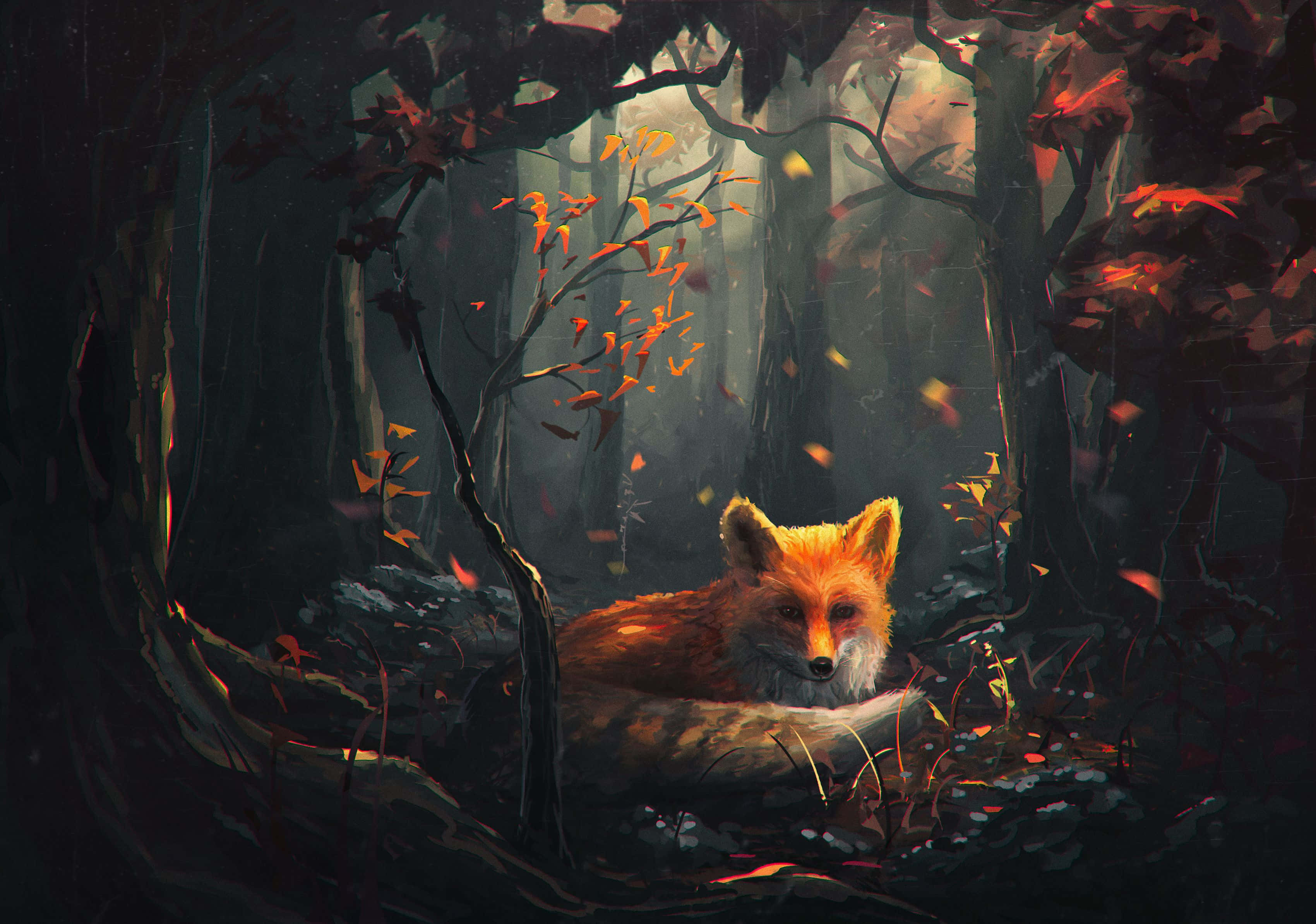 Cool Fox, autumn forest, misty, 2K Desktop Wallpaper