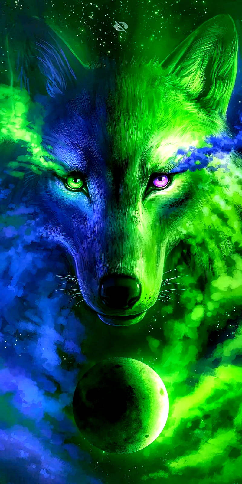 Cool Split Tone Celestial Galaxy Wolf, green and blue cosmic energy swirls, planet, HD Phone Wallpaper