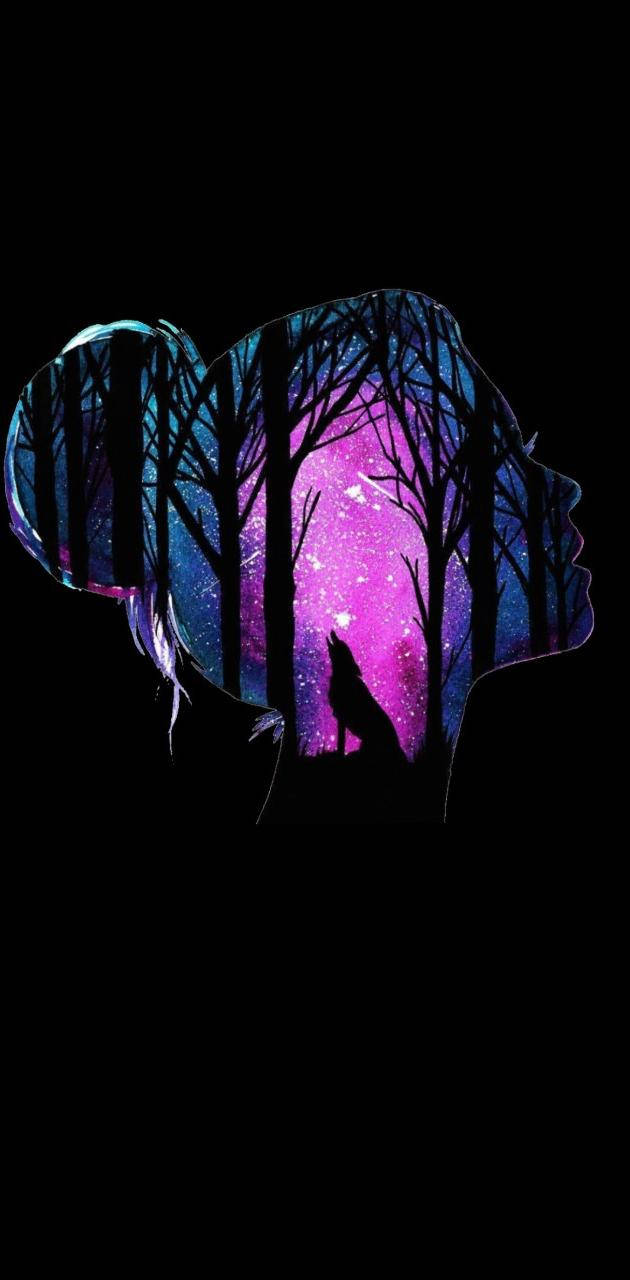 Cool Girl Silhouette, galaxy wolf, glowing purple galaxy, HD Phone Wallpaper