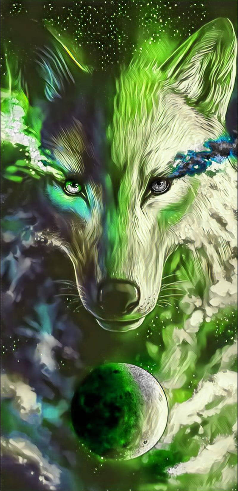 Cool Green Painting Of Galaxy And Wolf, glowing green eyes, cosmic backdrop, HD Phone Wallpaper