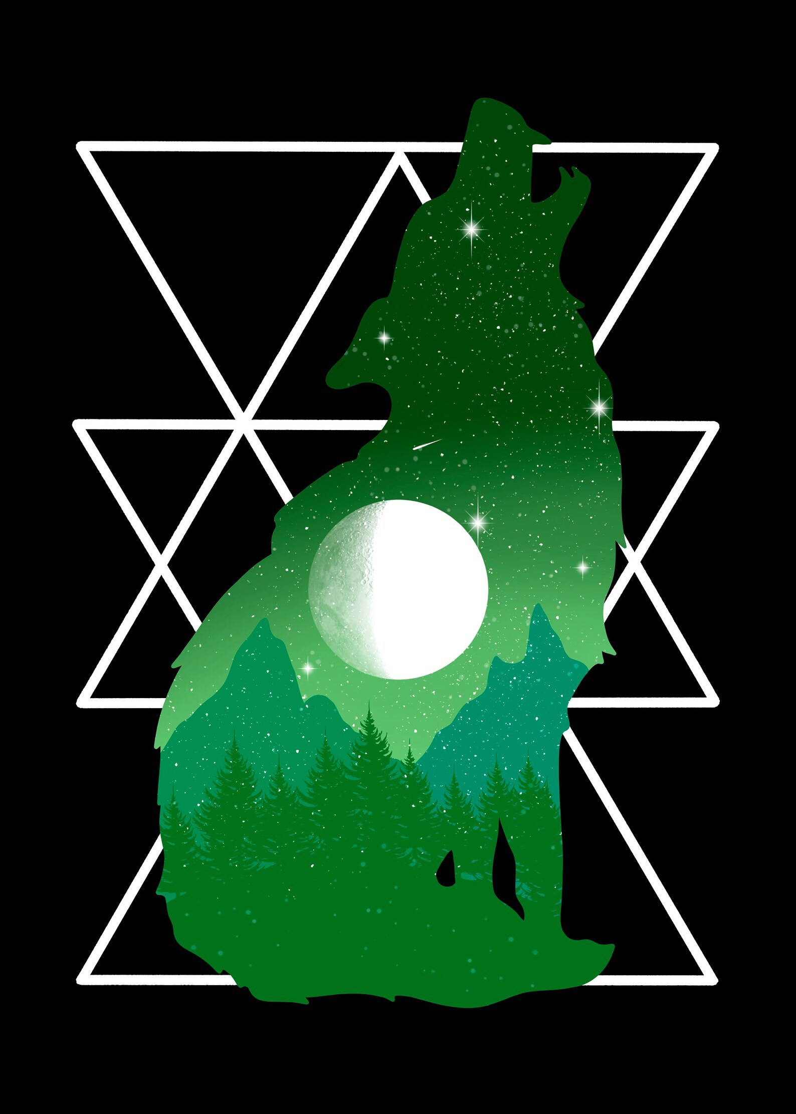 Cool Green Galaxy Wolf Silhouette, green wolf silhouette, starry night sky, Full HD Phone Wallpaper