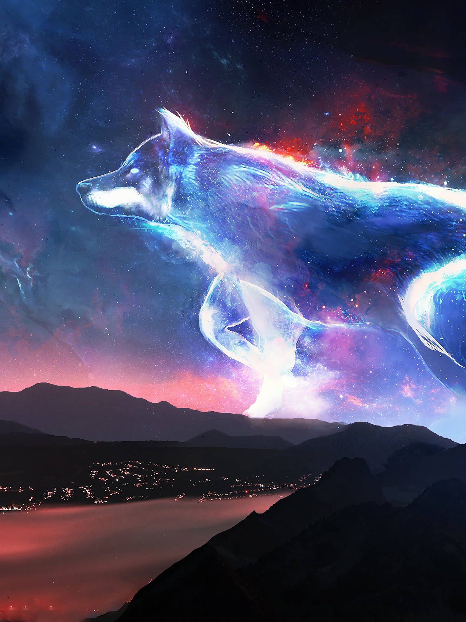 Cool Galaxy, large wolf spirit, glowing nebulae, Full HD Phone Wallpaper