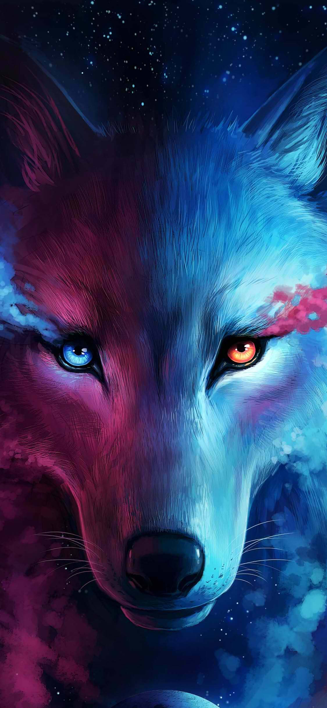 glowing blue and orange eyes, cosmic nebula backdrop, deep blues and magentas, Full HD Phone Wallpaper
