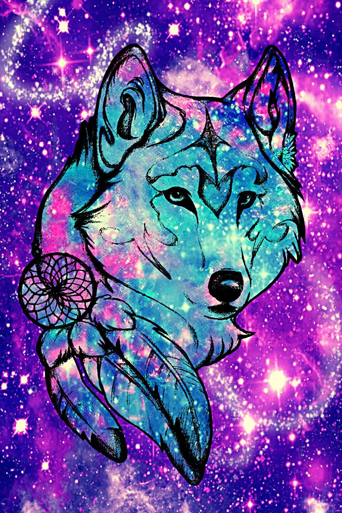 wolf, starry background, dreamcatcher, HD Phone Wallpaper