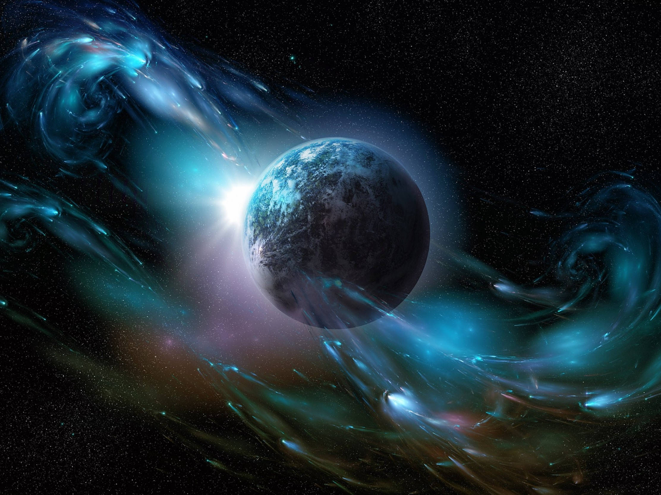 Luminous Planet Earth Galaxy Live, glowing blue planet, swirling cosmic nebulae, Full HD Desktop Wallpaper