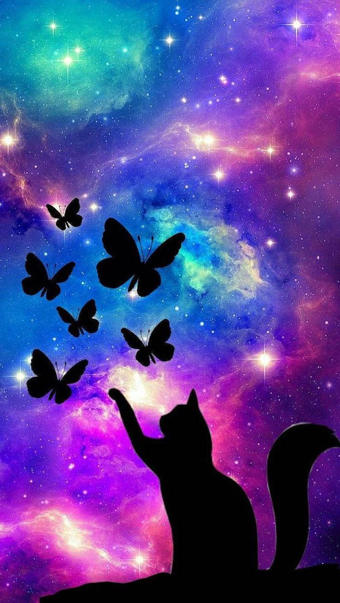 Cool Galaxy, cat silhouette, glowing butterflies, SD Phone Wallpaper