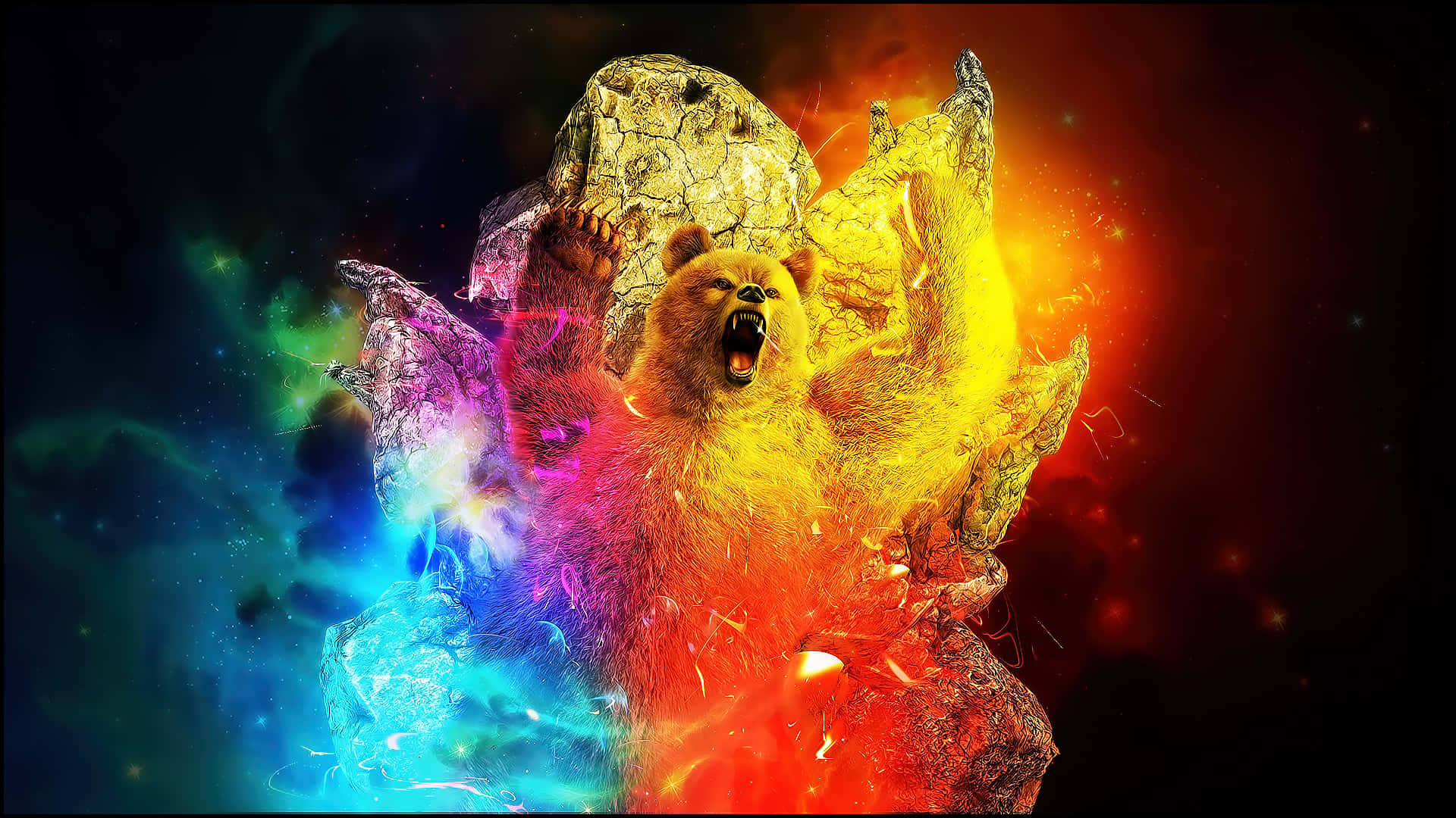 Cool Bear, rainbow galaxy cloud, fiery orange, Full HD Desktop Wallpaper