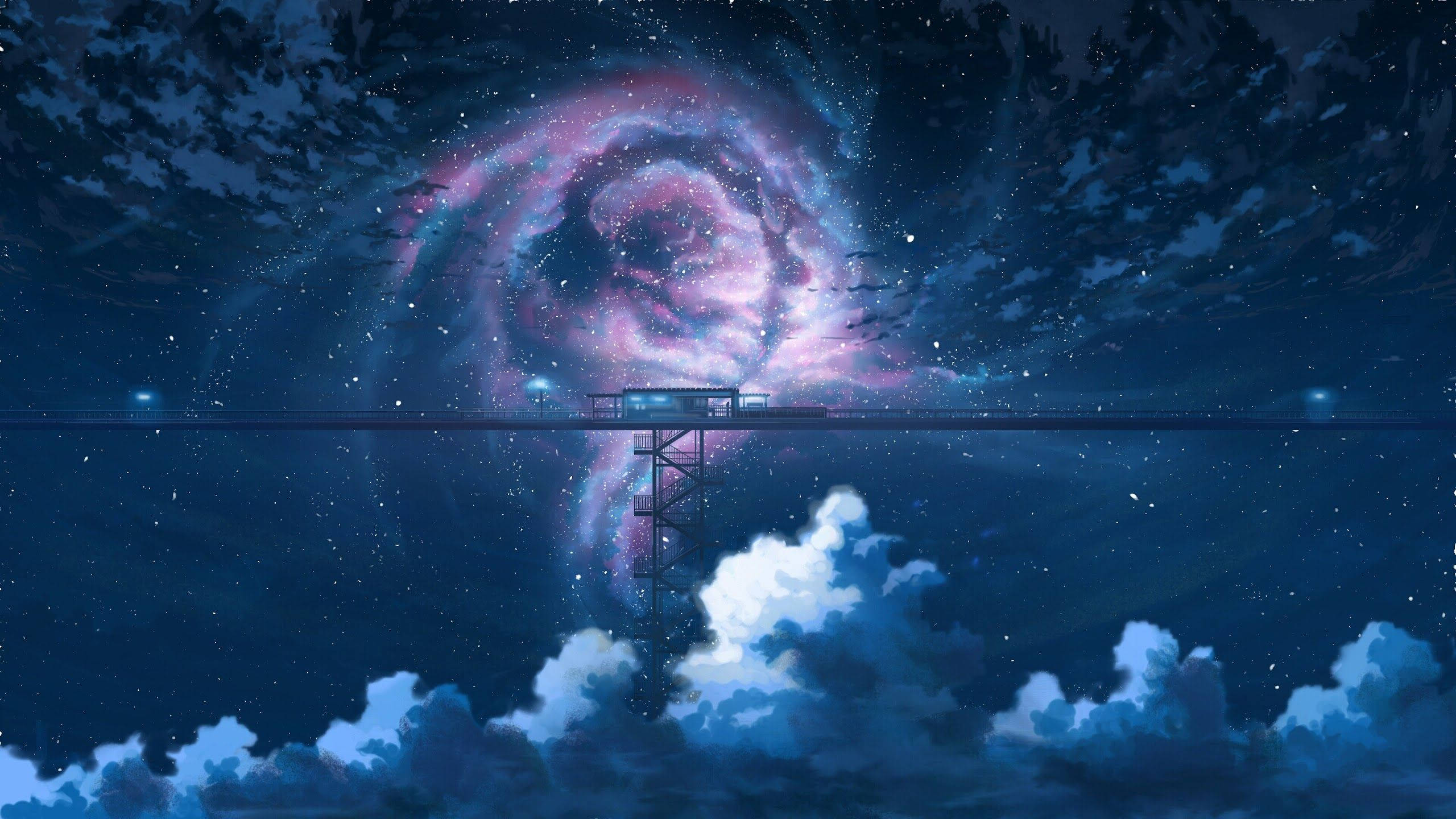 Cool Galaxy, magical train station, glowing spiral galaxy, 2K Desktop Wallpaper