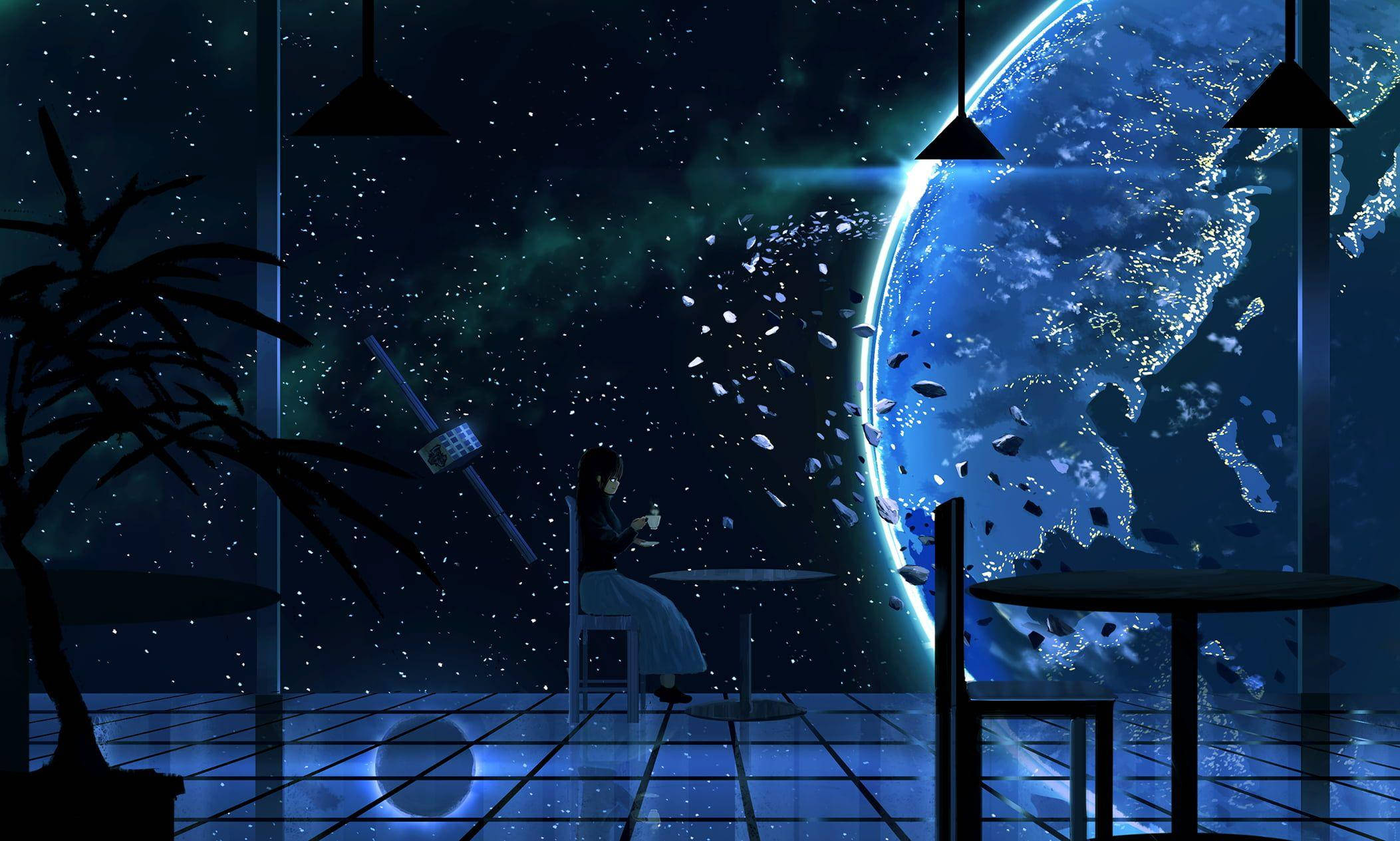 Cool Galaxy, futuristic space station, glowing blue Earth, Full HD Desktop Wallpaper