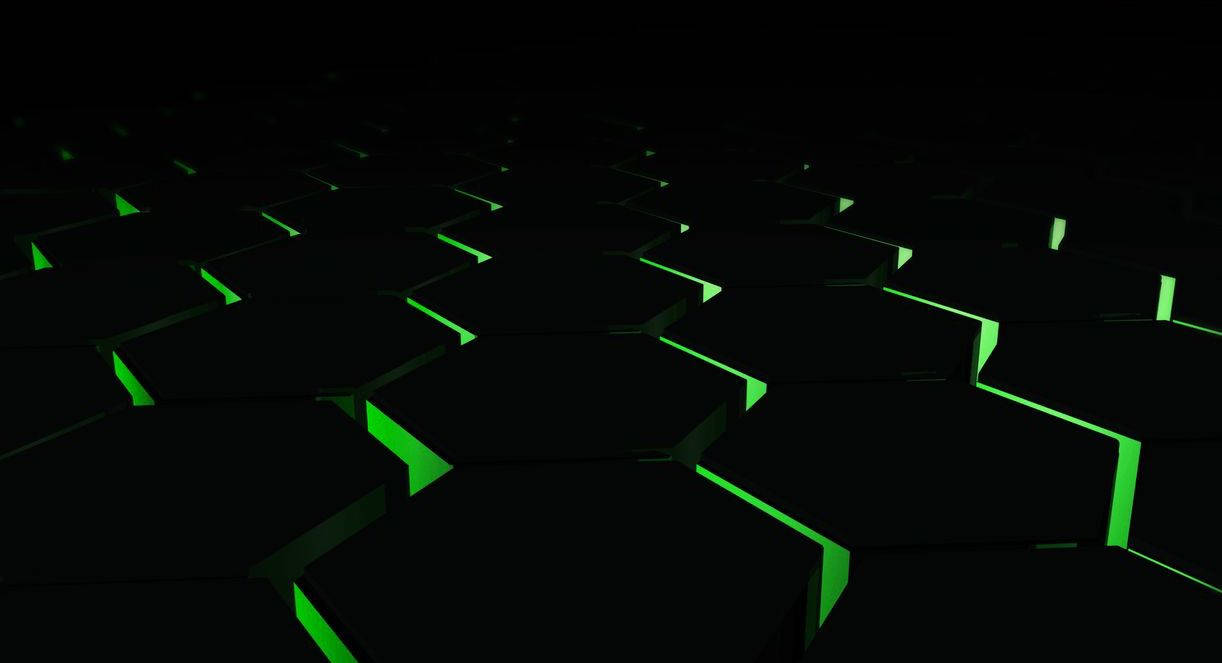 green infinite gaming desktop, glowing green hexagonal tiles, dark surface, SD Desktop Wallpaper