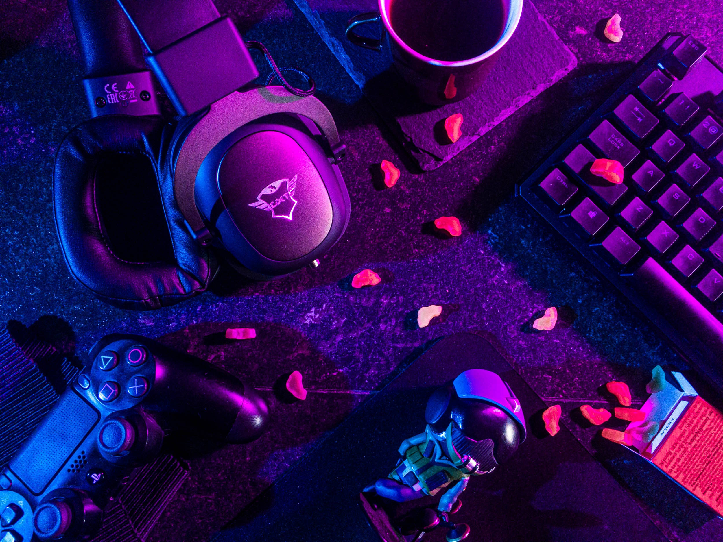 neon purple blue lights, gaming setup, headset, Full HD Desktop Wallpaper