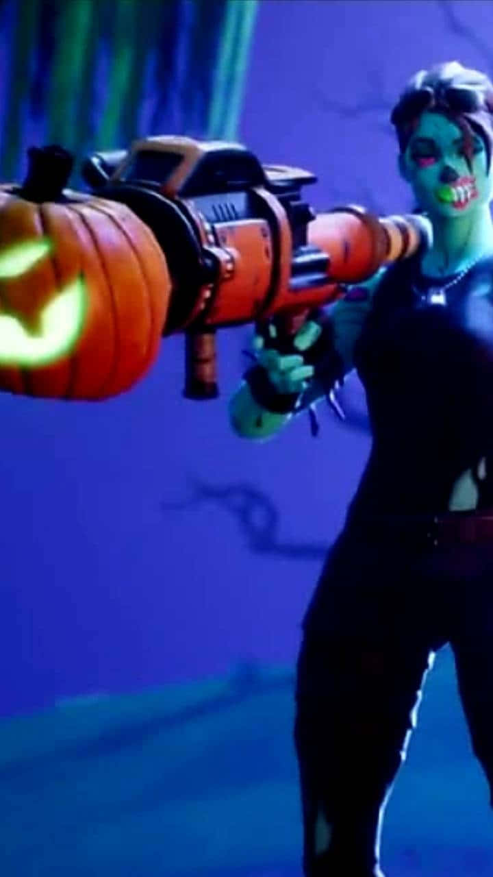Cool Ghoul Trooper, glowing green eyes, pumpkin-themed weapon, HD Phone Wallpaper