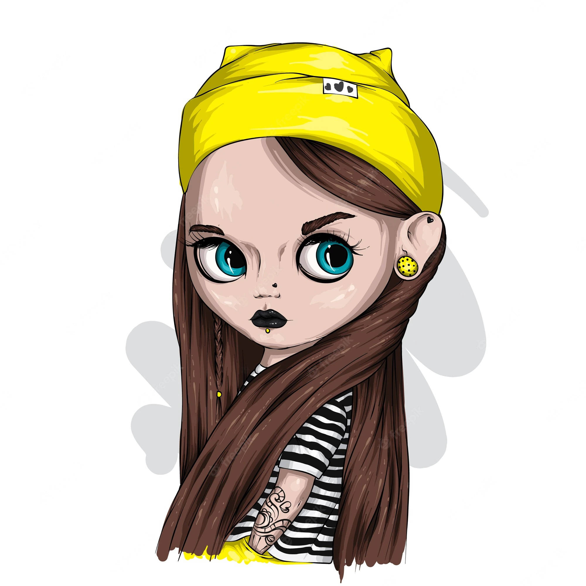 Fierce Cool Girl Cartoon, big blue eyes, yellow headband, Full HD Desktop Wallpaper