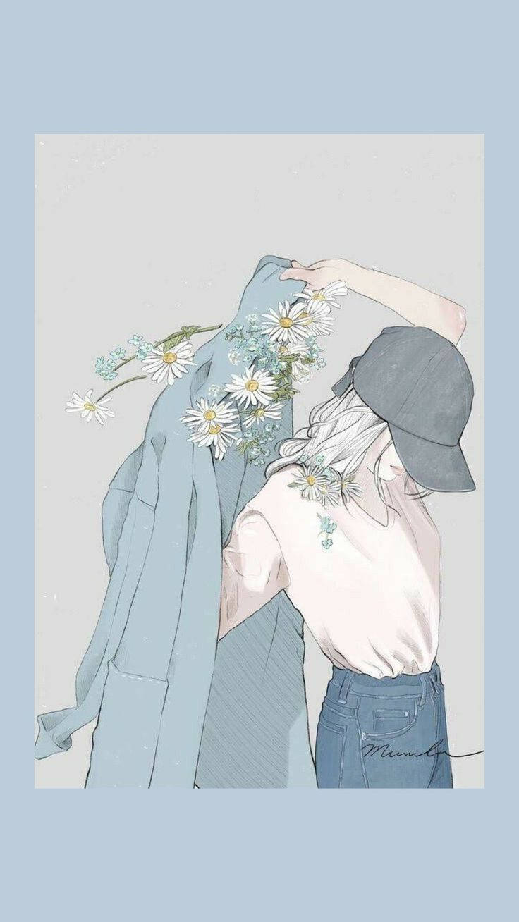 aesthetic blue cool girl cartoon, grey hat, blue jeans, HD Phone Wallpaper