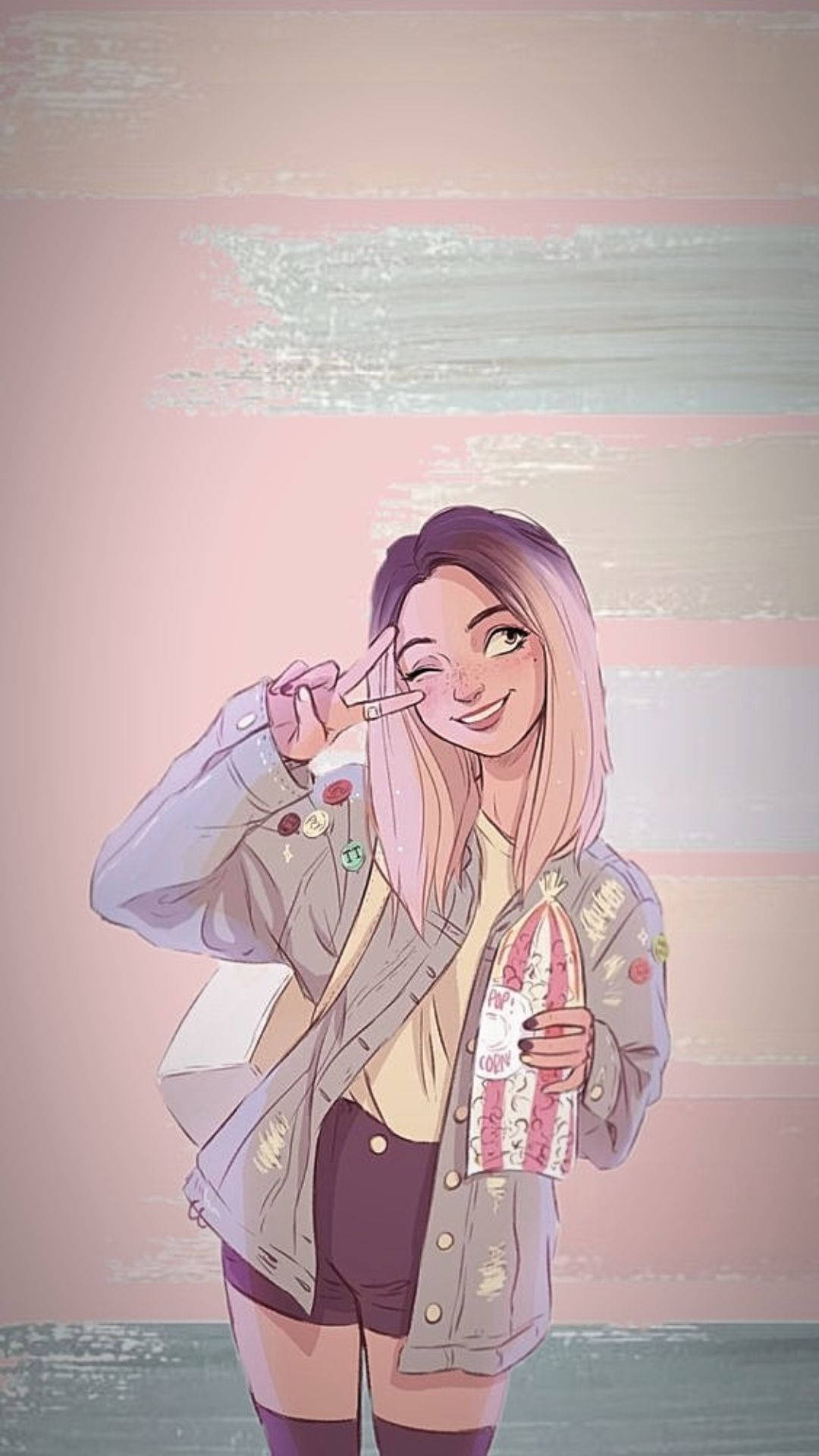 cool girl cartoon, pink hair, winks, Full HD Phone Wallpaper