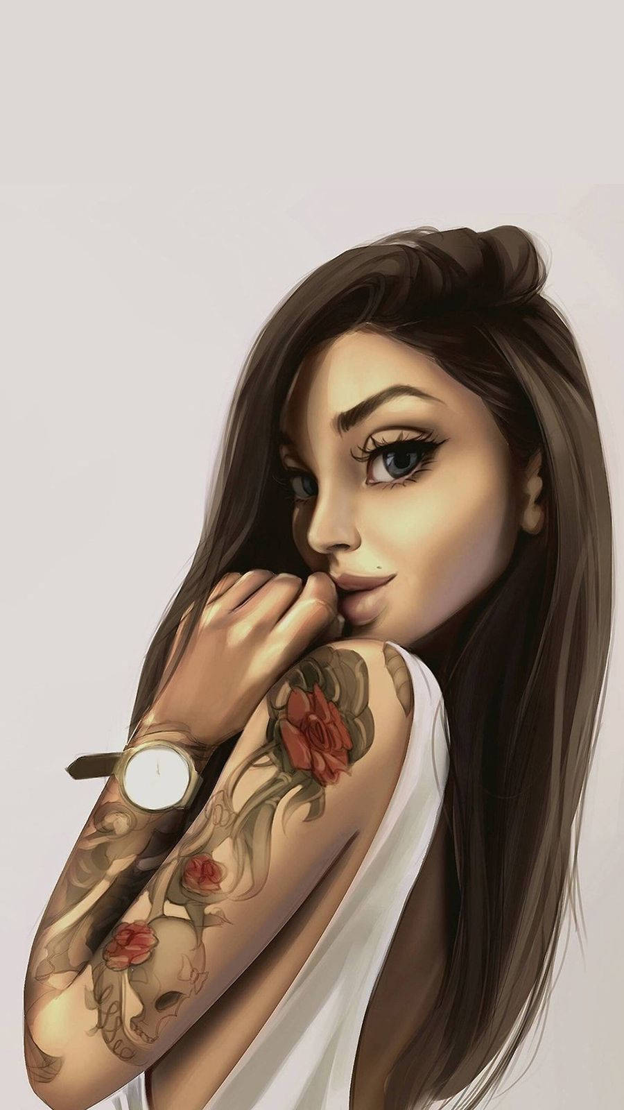 Cool Girl Cartoon, tattoos, rose skull tattoo, HD Phone Wallpaper