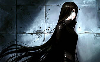 anime girl, black coat, gritty metallic wall, SD Desktop Wallpaper