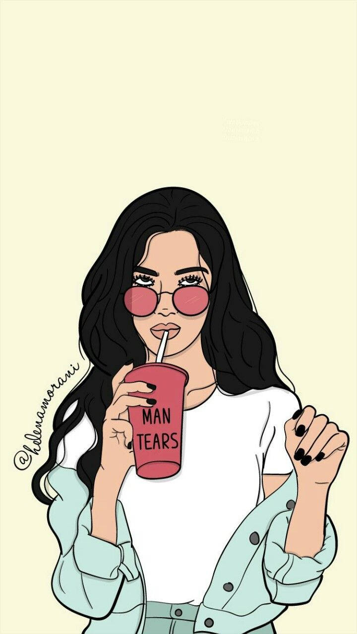 Cool Girl Cartoon, long black hair, pink glasses, HD Phone Wallpaper