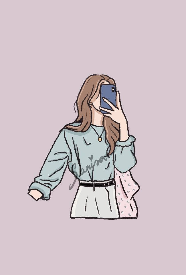 dainty cool girl cartoon, long brown hair, light blue sweater, SD Phone Wallpaper