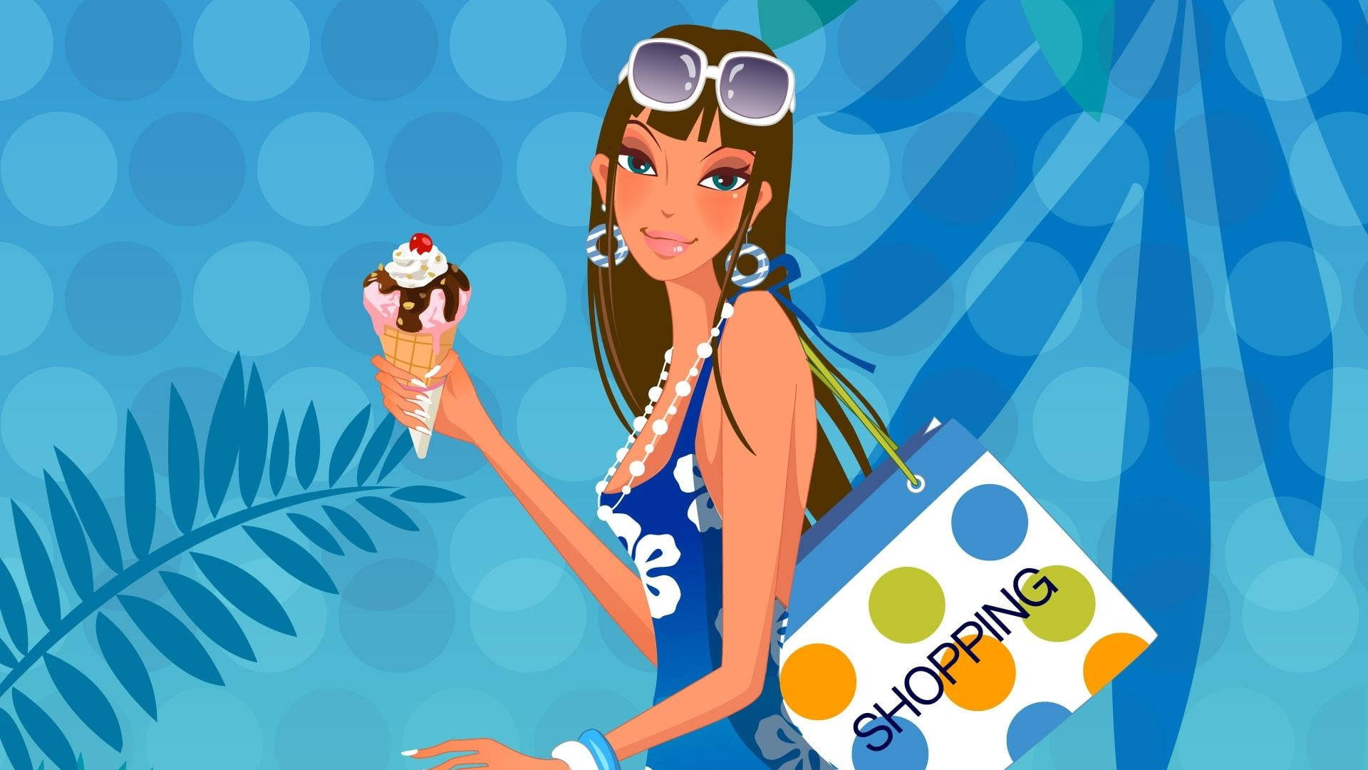 Shopping Cool Girl Cartoon, blue dress, ice cream cone, Full HD Desktop Wallpaper