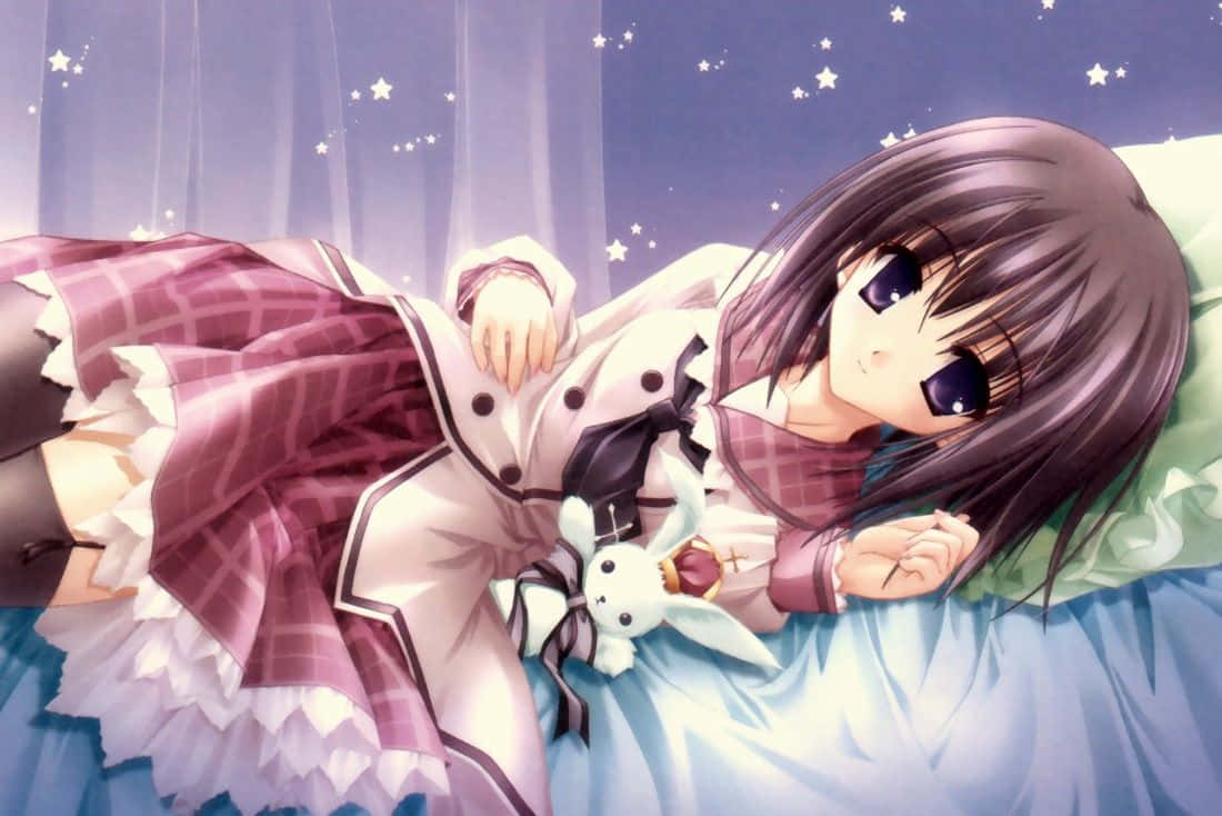 anime girl, dark hair, plush rabbit, SD Desktop Wallpaper
