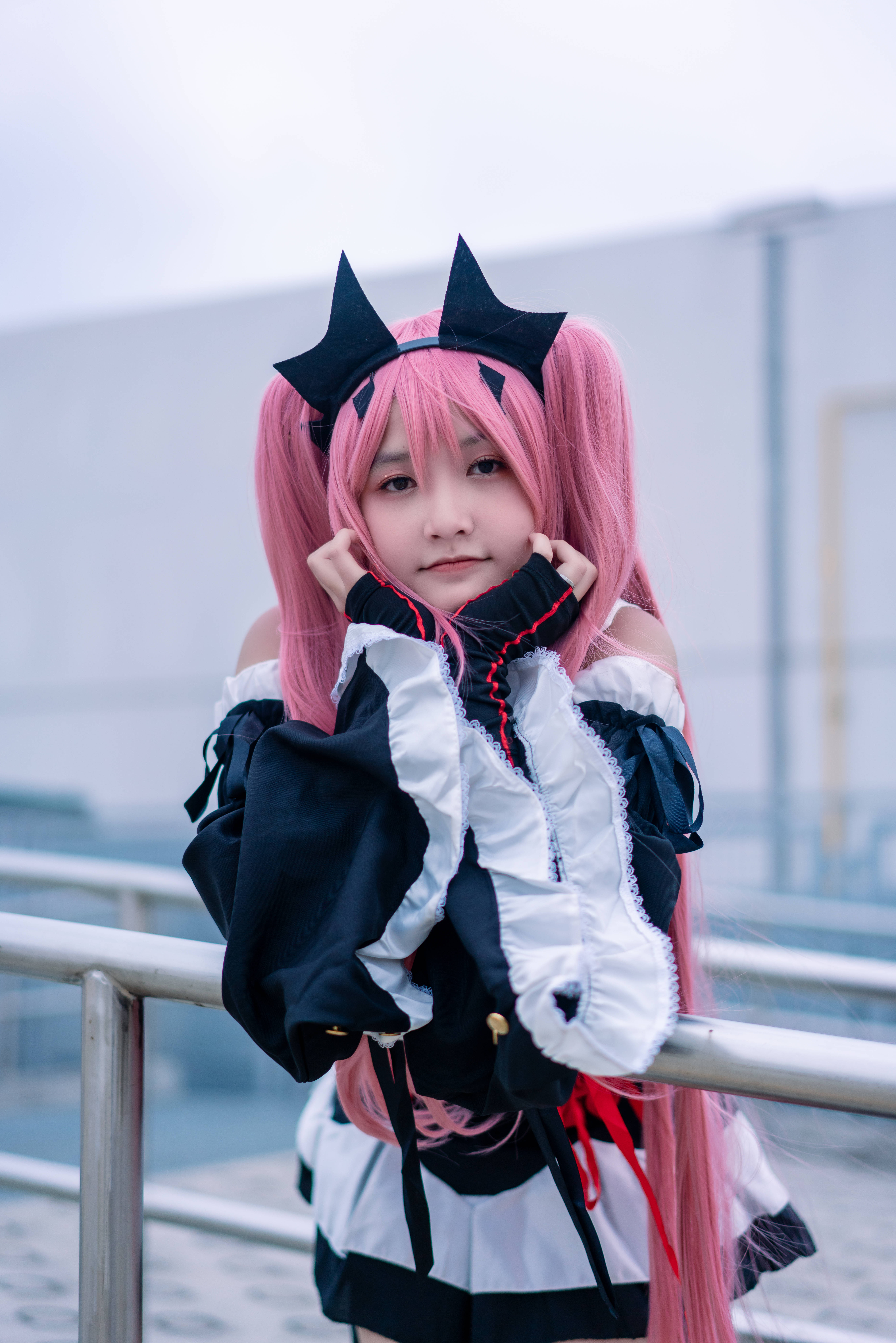 pink pigtails, black cat ears, maid outfit, 8K Phone Wallpaper