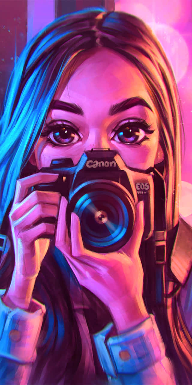 Canon camera, vibrant pink and blue neon glow, young woman, HD Phone Wallpaper