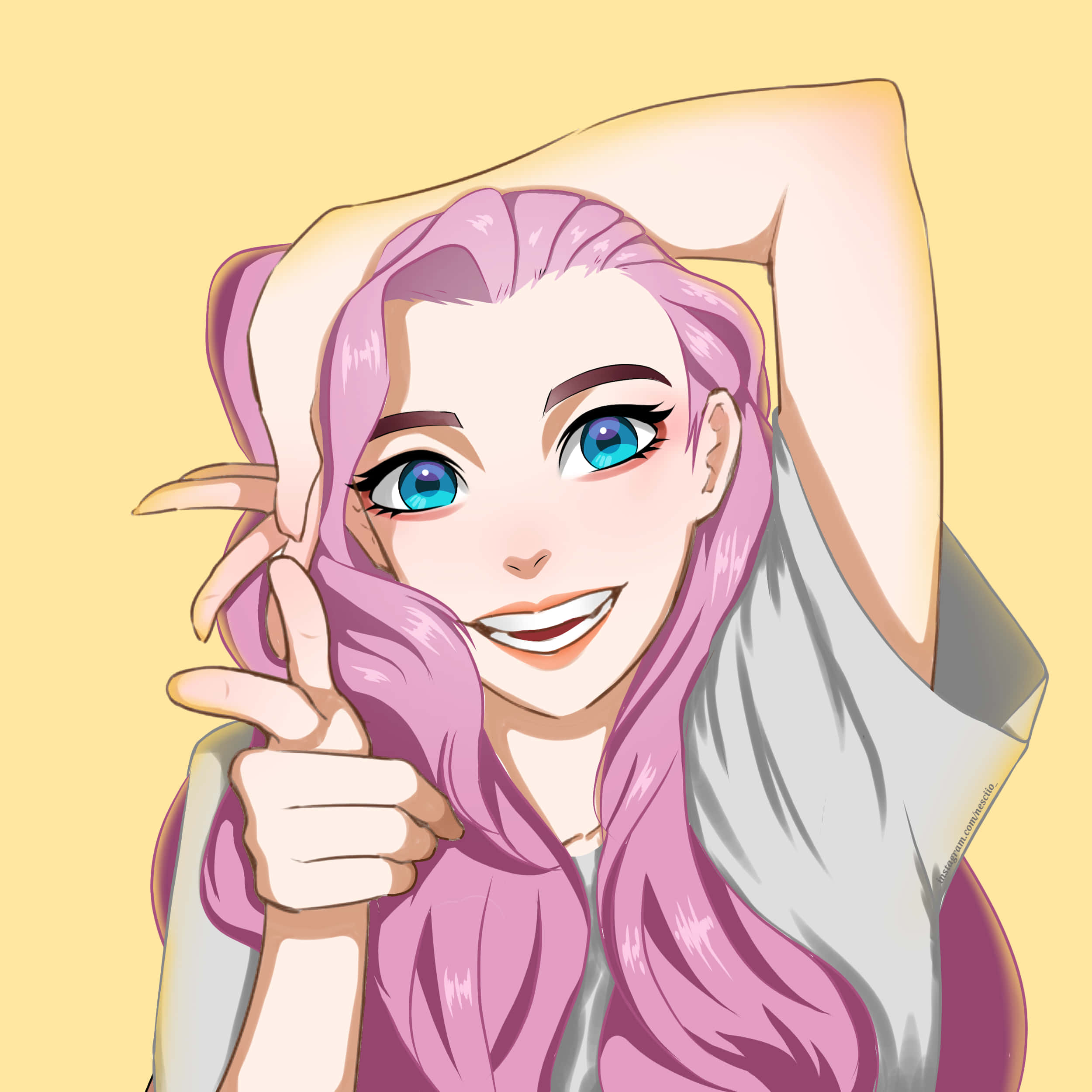 pink pfp girl, vibrant pink hair, bright blue eyes, Full HD Desktop Wallpaper