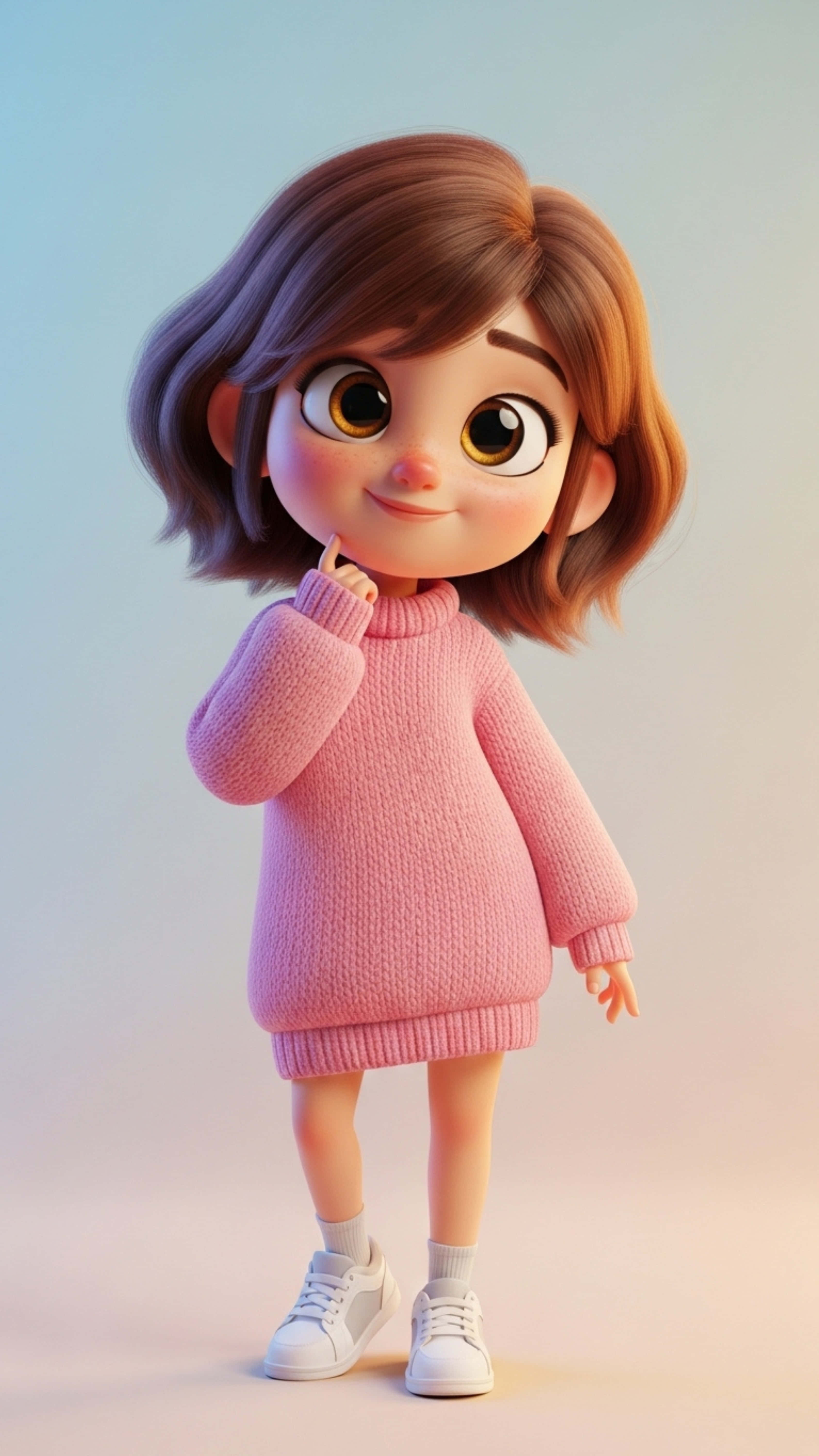 3D cartoon girl, brown hair, big eyes, 5K Phone Wallpaper
