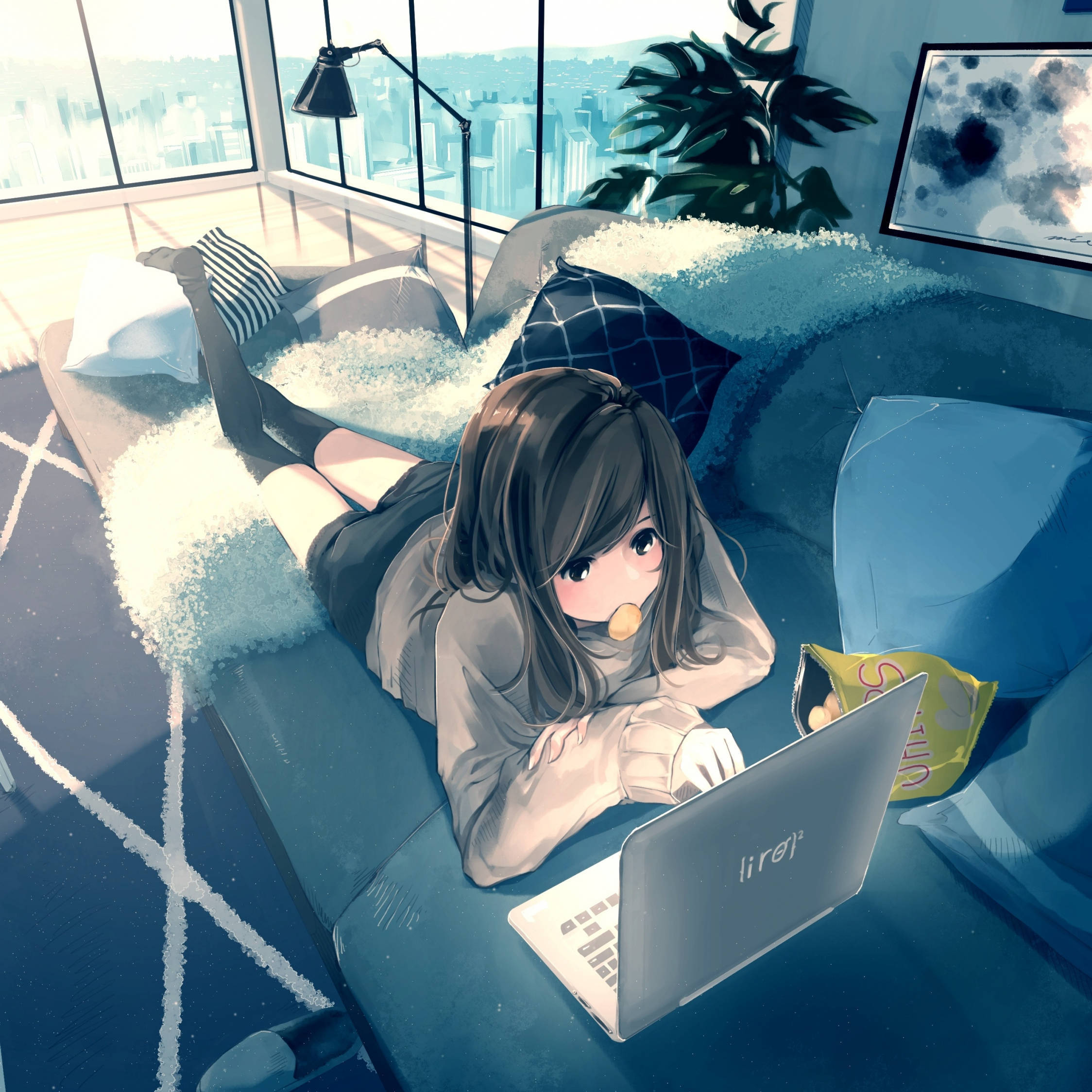 Anime girl, blue couch, laptop, Full HD Desktop Wallpaper