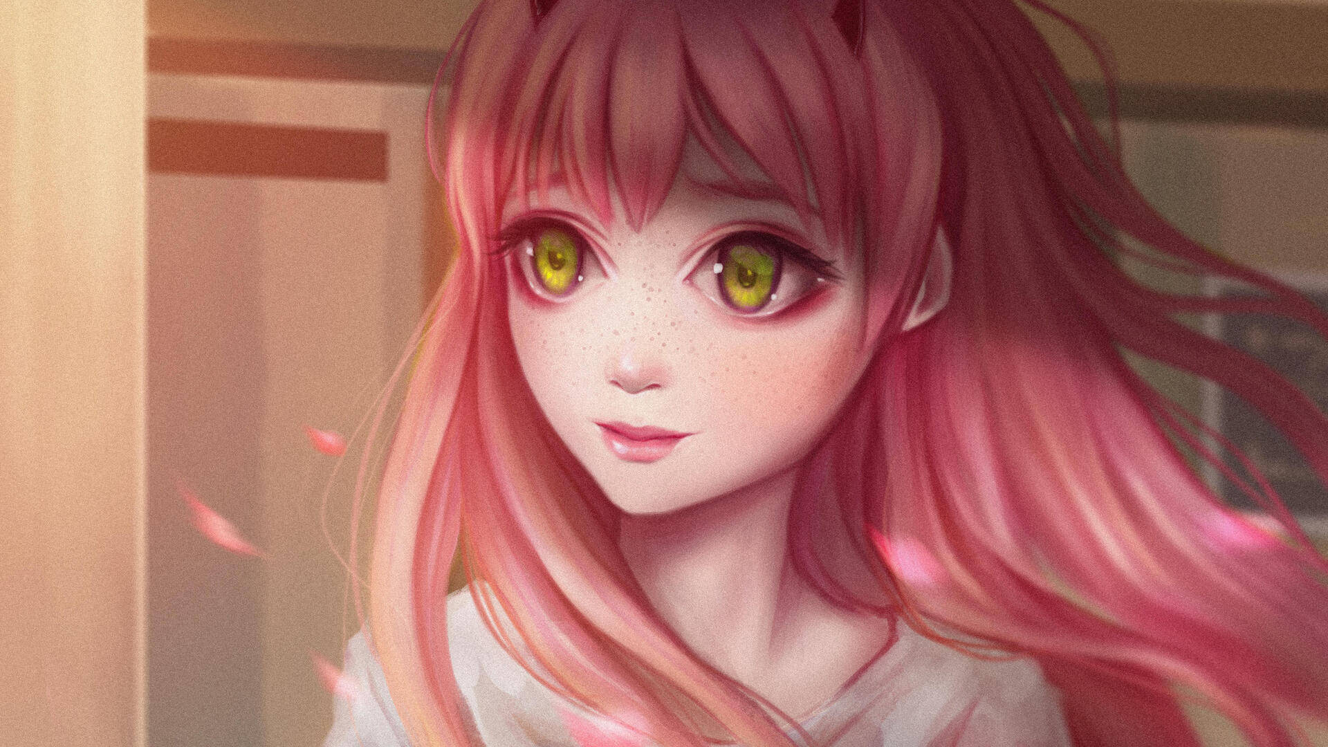 pink hair, green eyes, glowing yellow eyes, Full HD Desktop Wallpaper