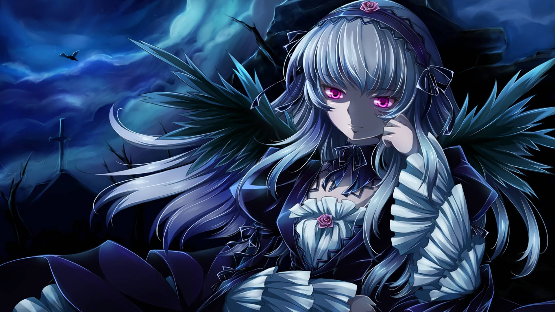 anime girl, purple eyes, silver hair, Full HD Desktop Wallpaper