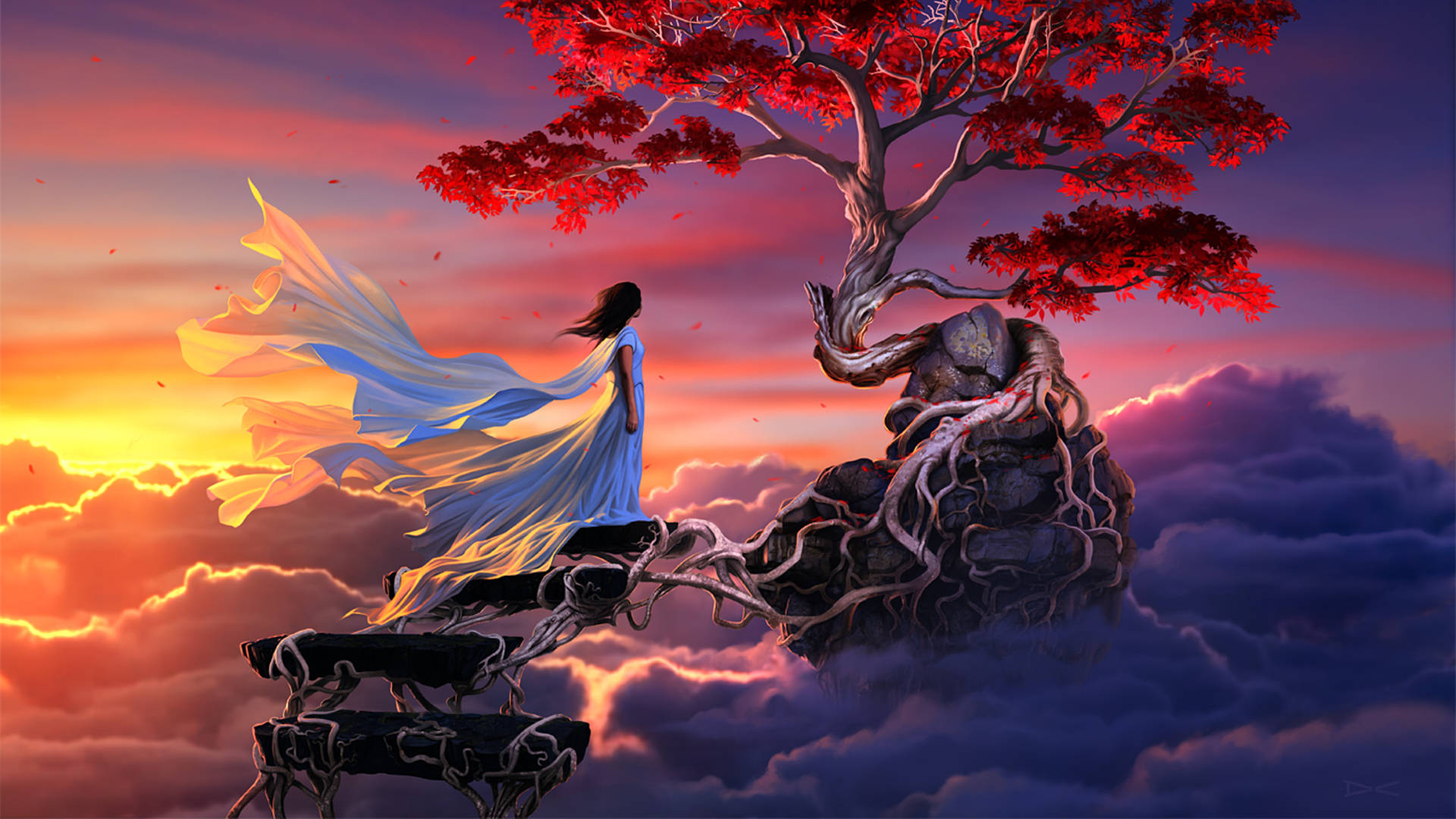cool girl laptop, floating rock, red tree, Full HD Desktop Wallpaper