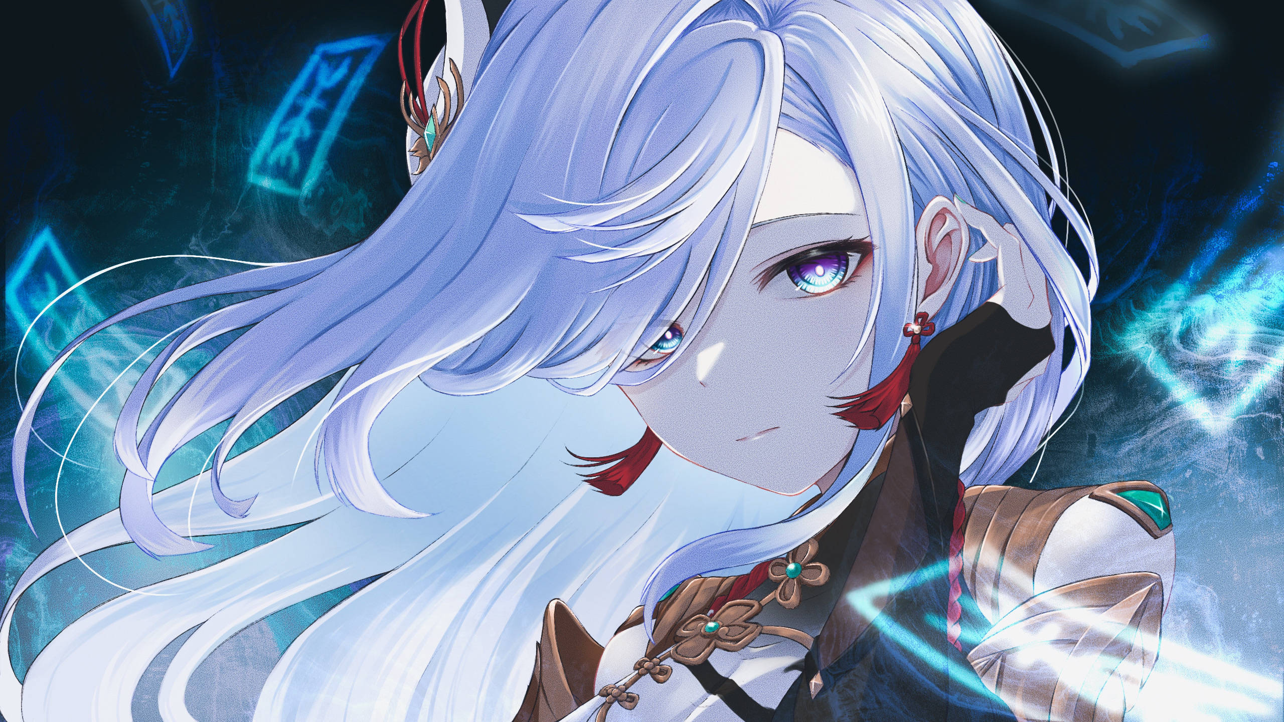 cool girl laptop, silver hair, glowing purple eyes, 2K Desktop Wallpaper