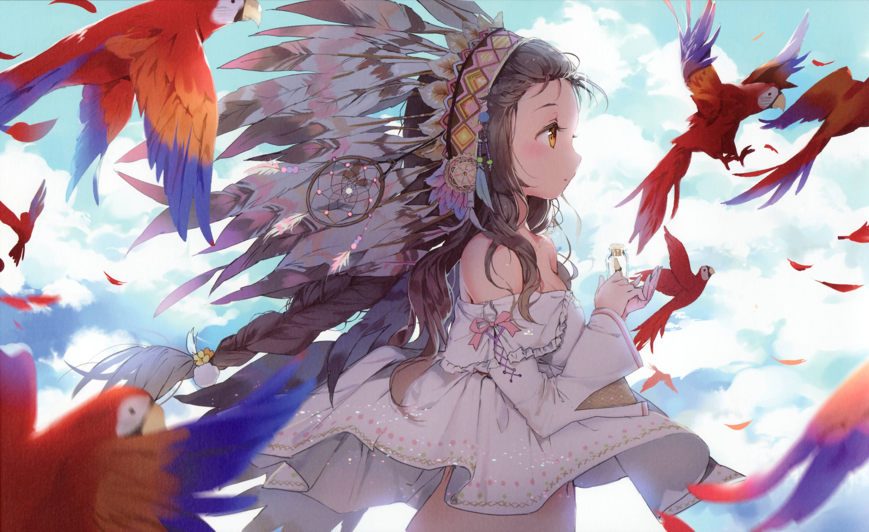 anime girl, feathered wings, dreamcatcher headpiece, 2K Desktop Wallpaper