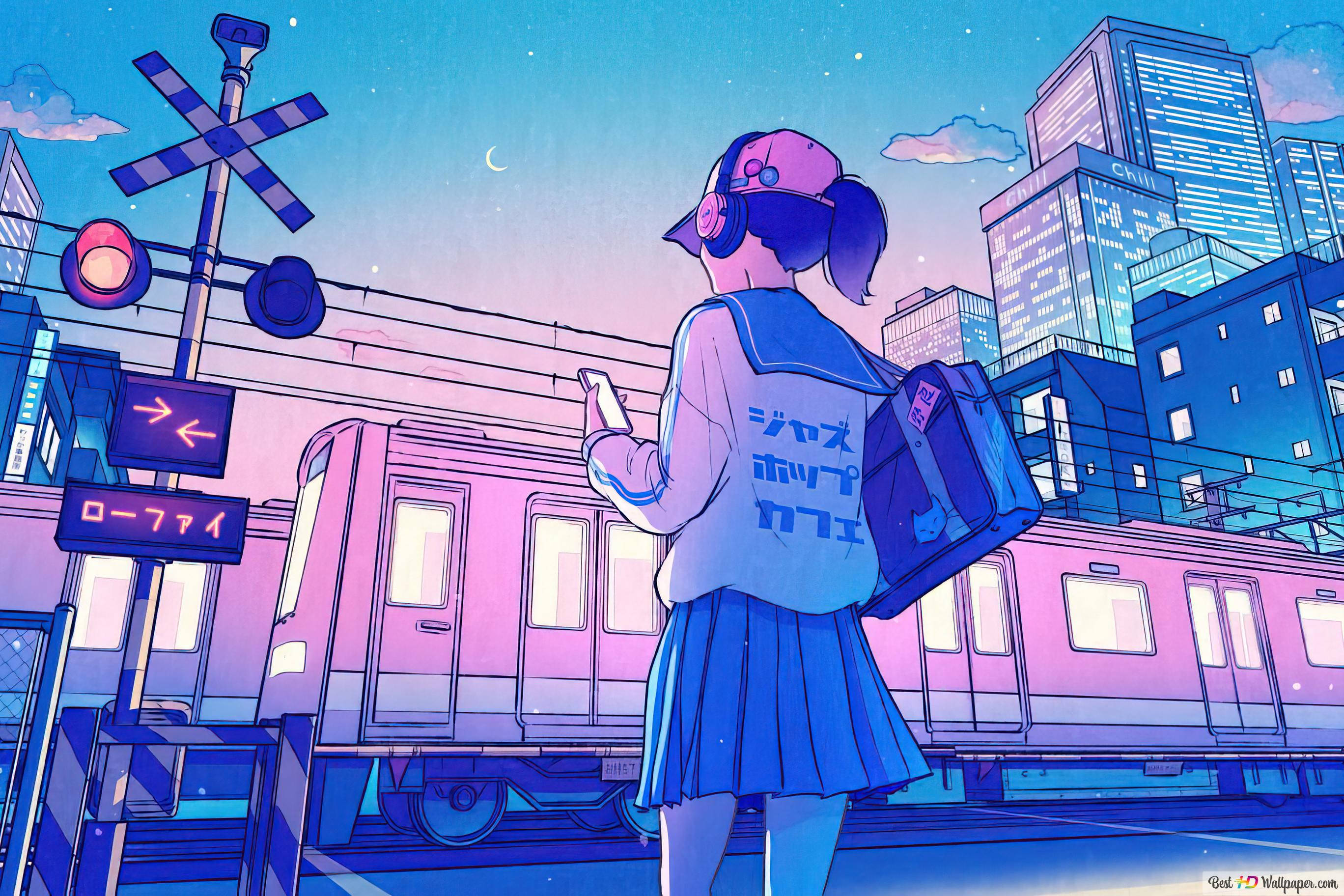 girl, school uniform, train station, 2K Desktop Wallpaper
