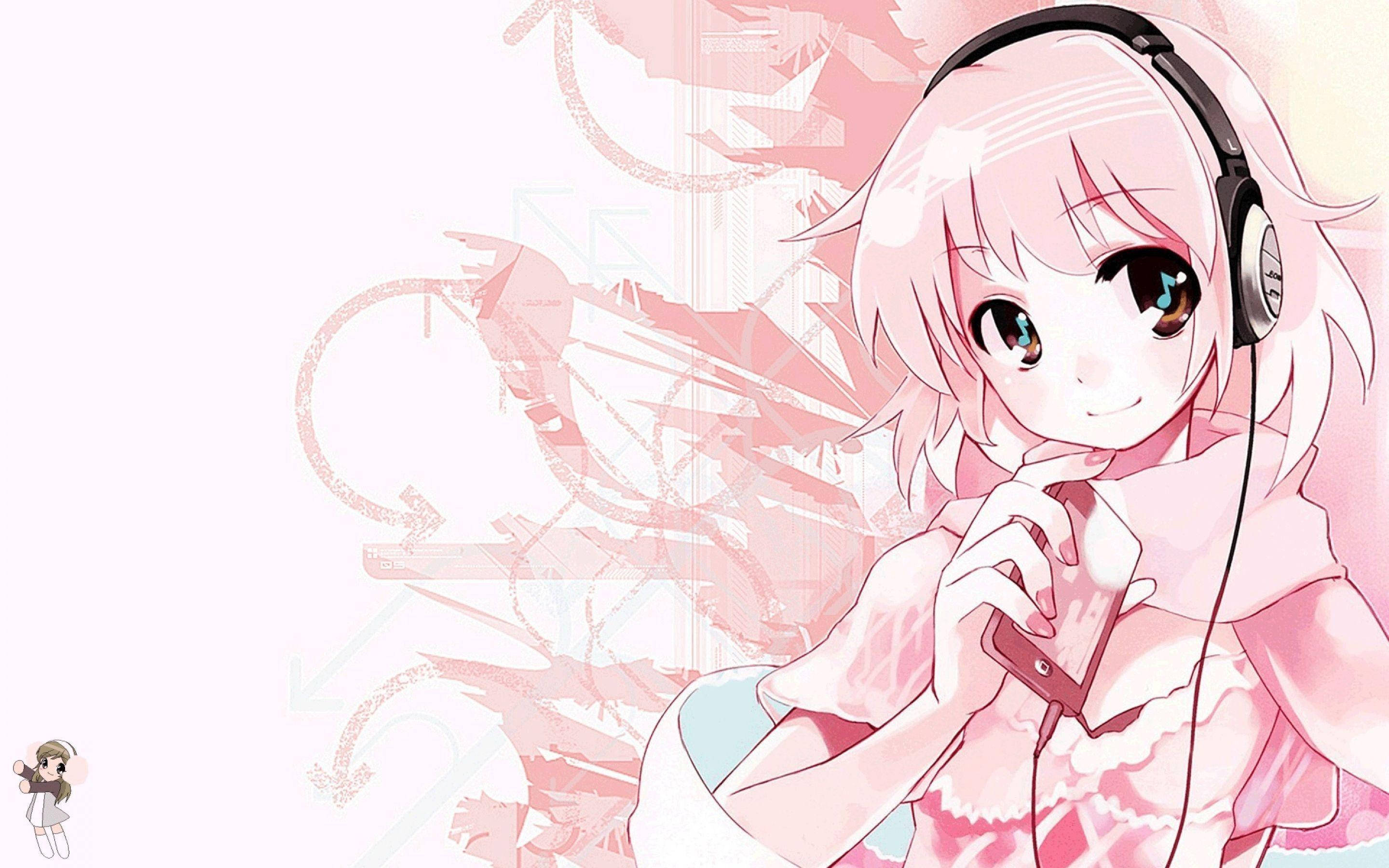 Kawaii Girl Laptop, pink hair, headphones, 2K Desktop Wallpaper