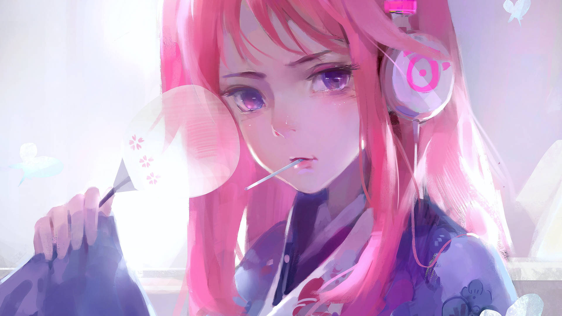 pink hair, anime girl, kimono, Full HD Desktop Wallpaper