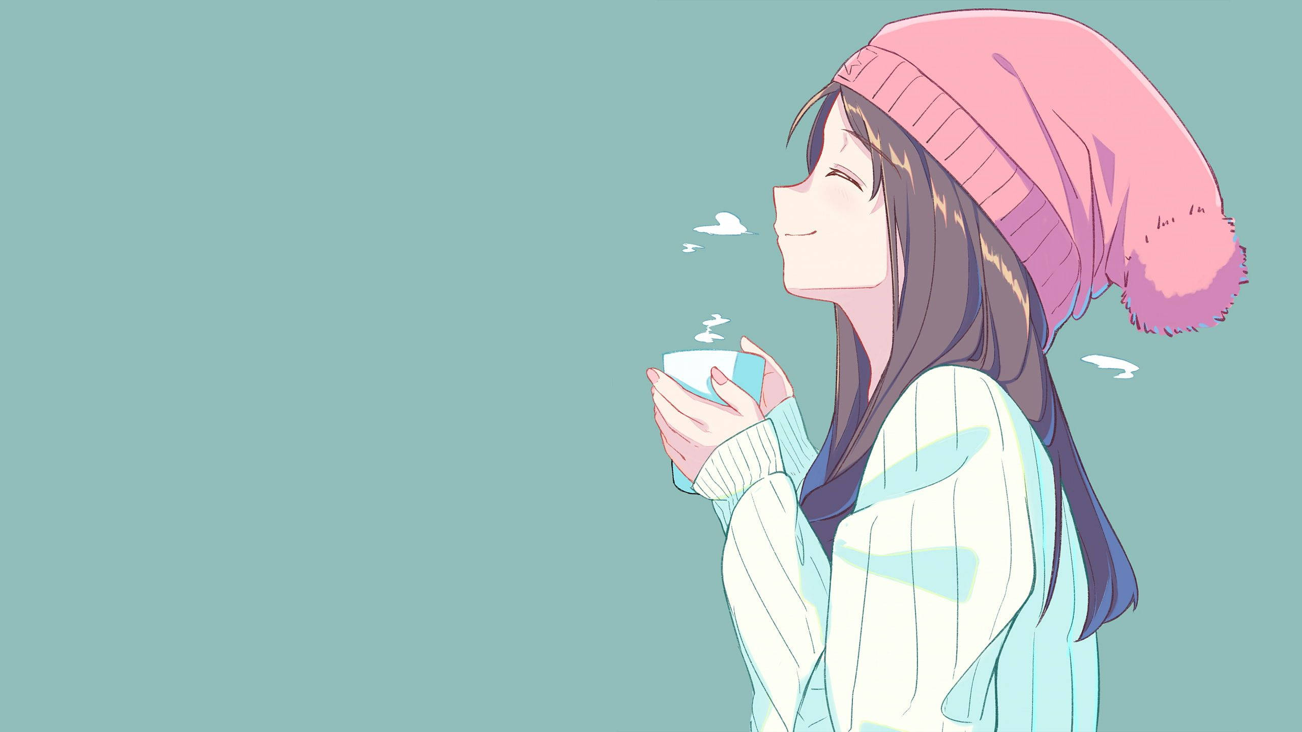 anime girl, pink beanie, steaming mug, 2K Desktop Wallpaper