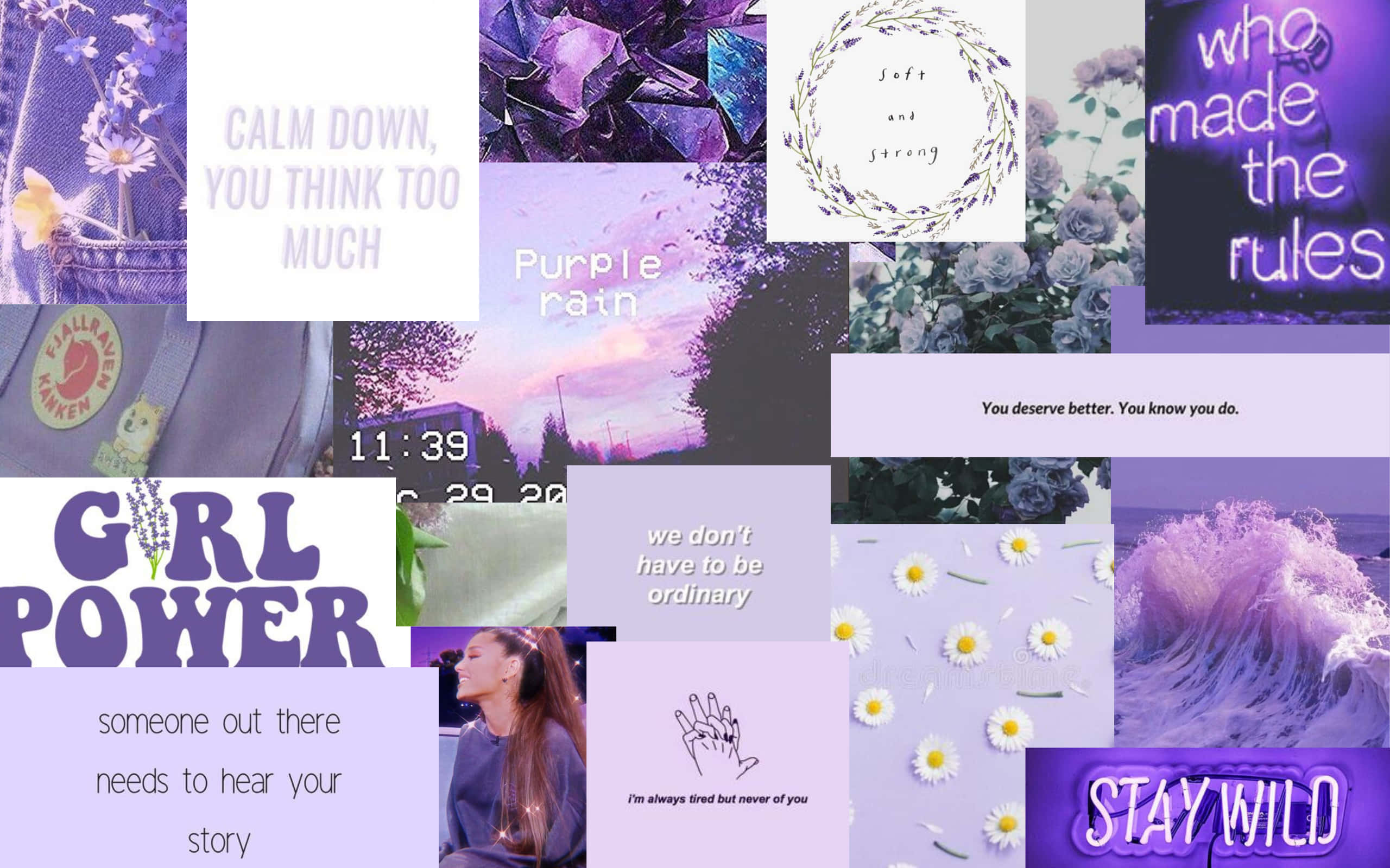lavender aesthetic laptop, vibrant purple-themed collage, motivational quotes, 2K Desktop Wallpaper