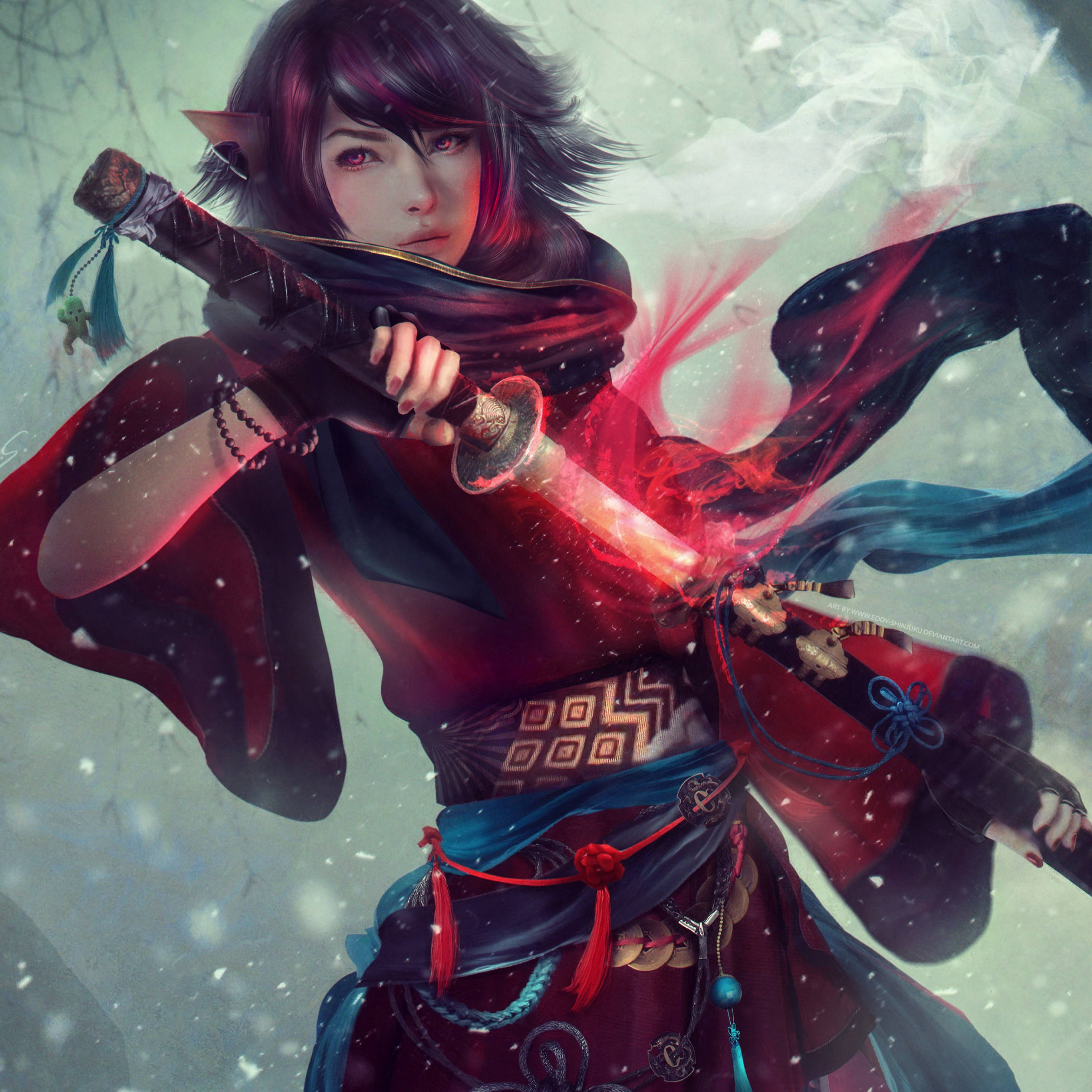 red dress, sword, anime warrior, 2K Desktop Wallpaper
