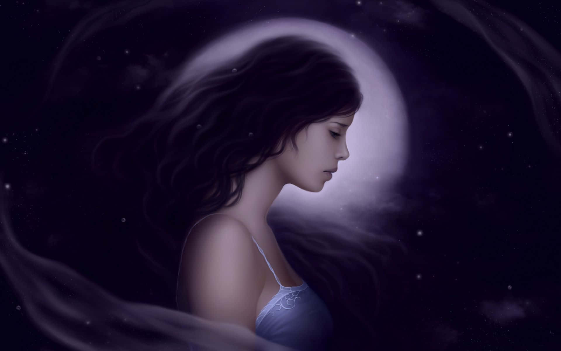 Single Woman Cool Graphic, glowing moon, starry night sky, Full HD Desktop Wallpaper