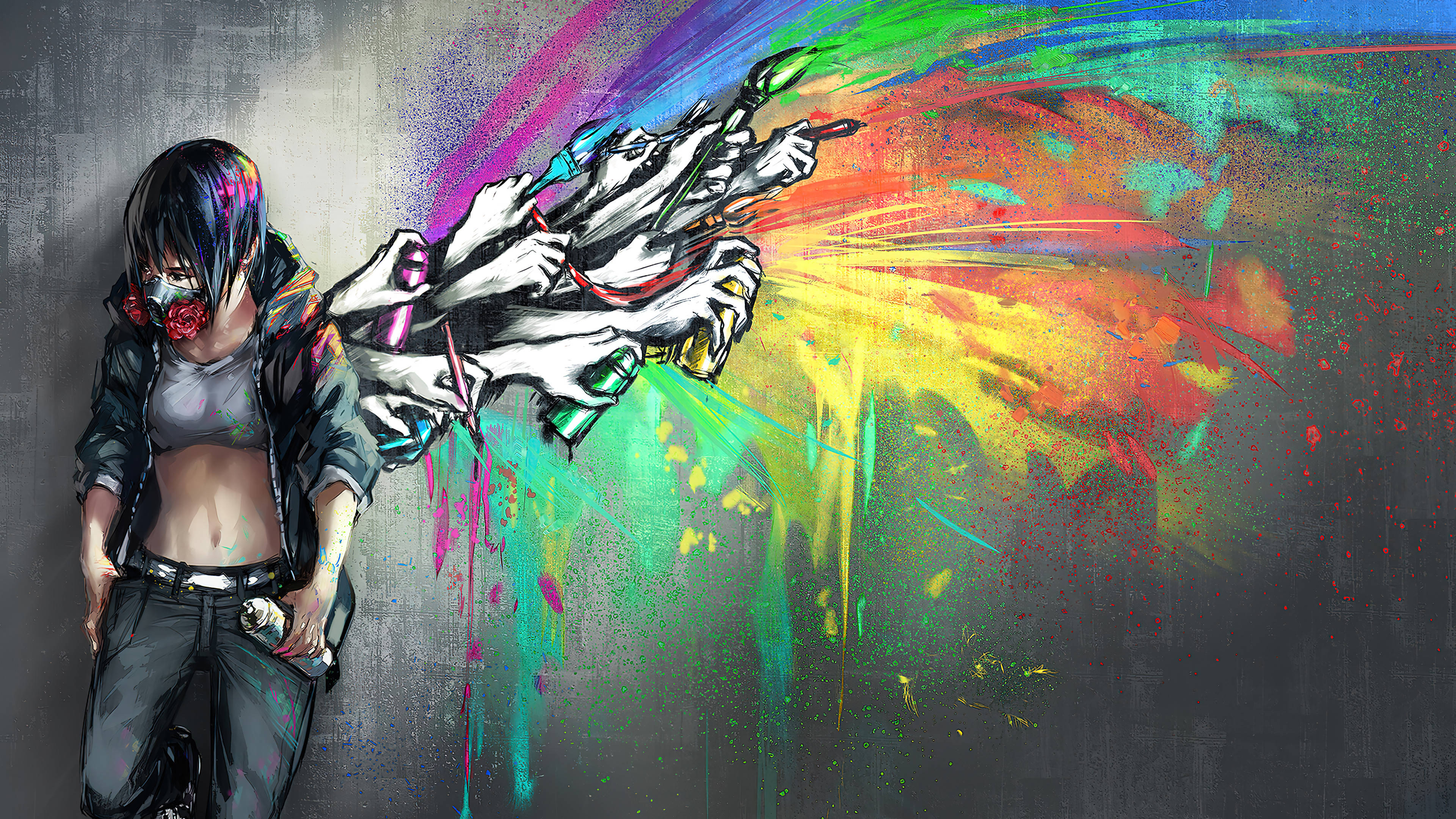 Cool Girl, rose mask, paint-splattered jacket, 4K Desktop Wallpaper