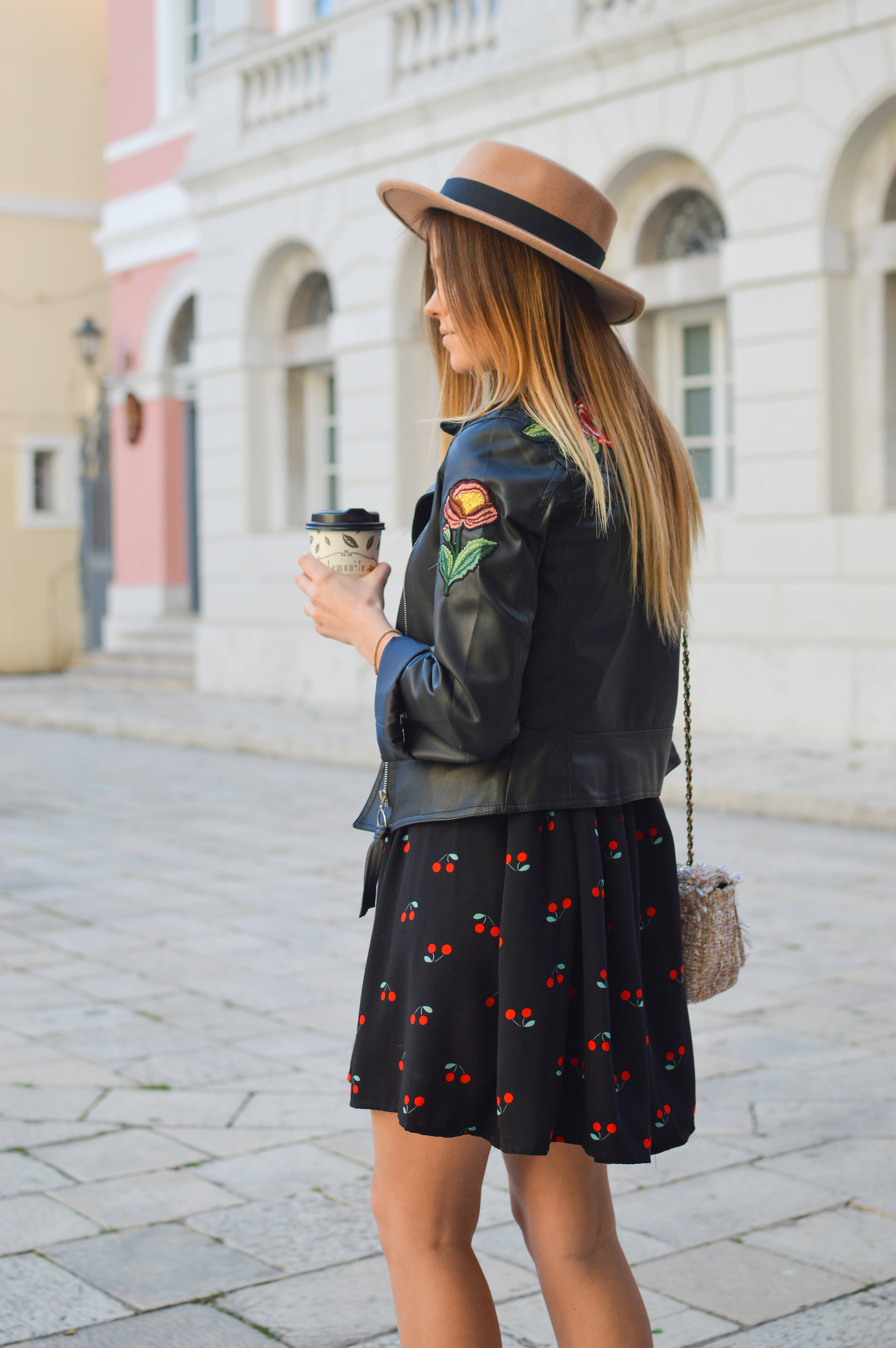 Cool Girl, leather jacket, cherry-print skirt, 5K Phone Wallpaper