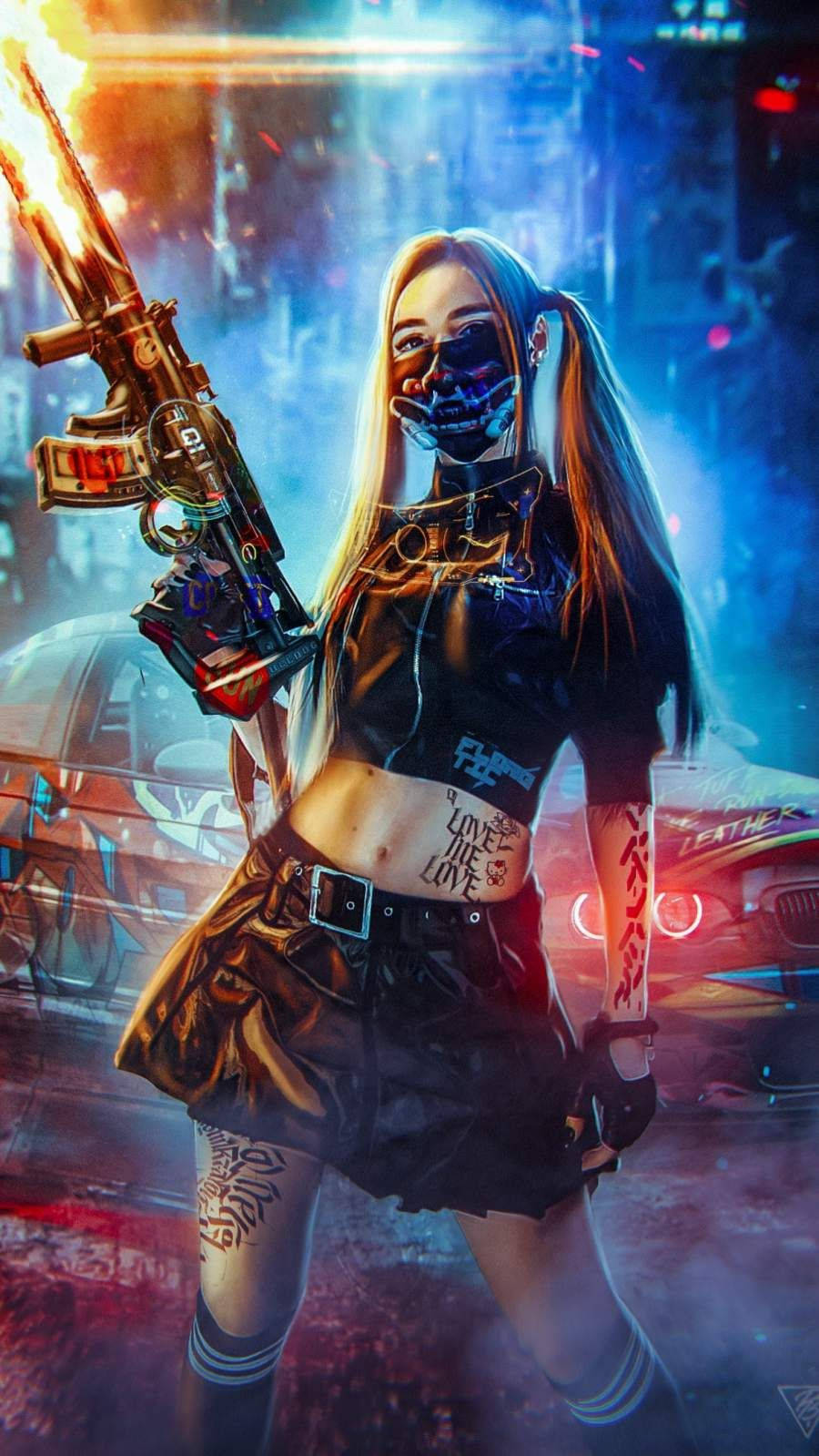 cyberpunk woman, glowing tattoos, futuristic weapon, HD Phone Wallpaper