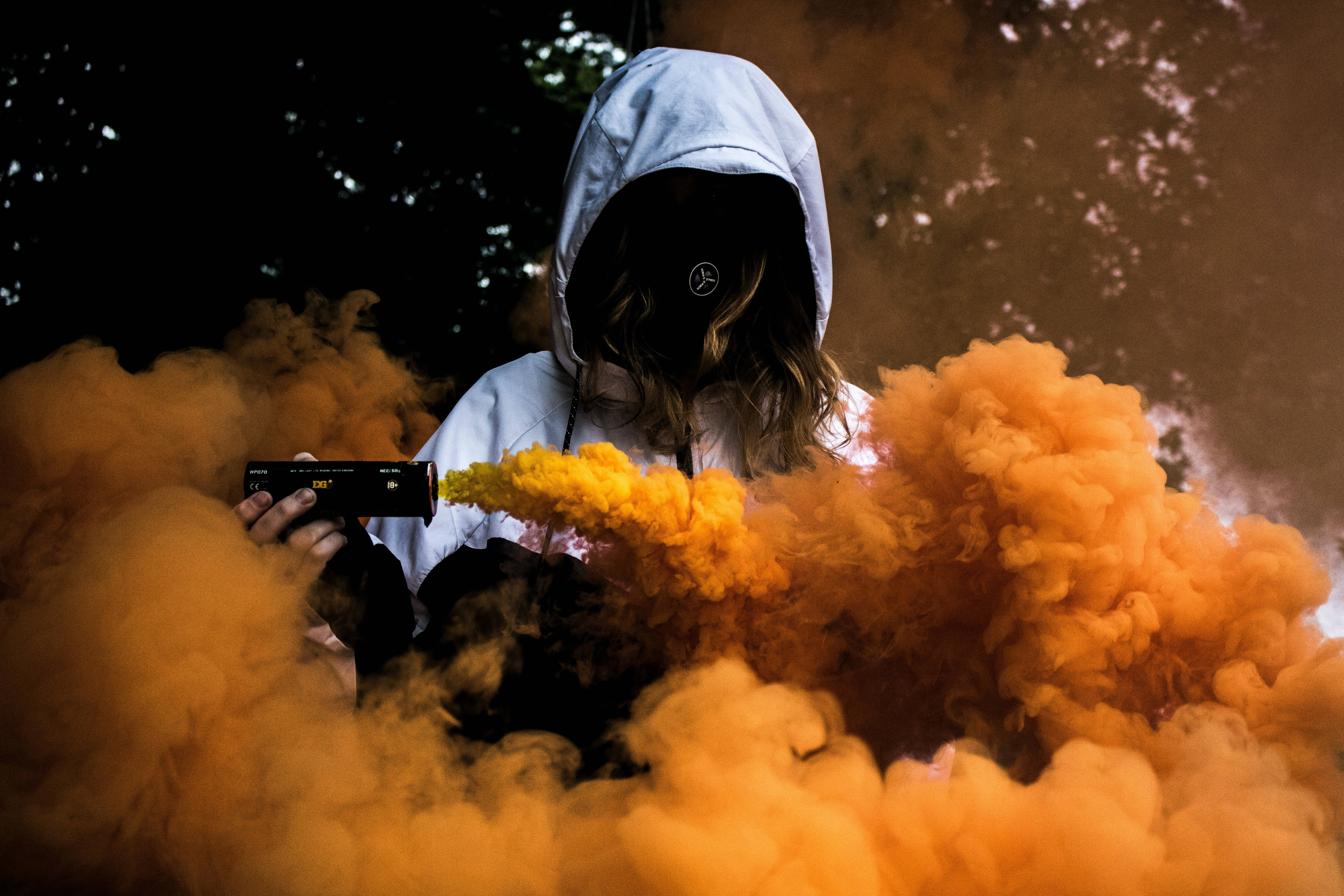 Cool Girl, orange smoke, white jacket, 5K Desktop Wallpaper