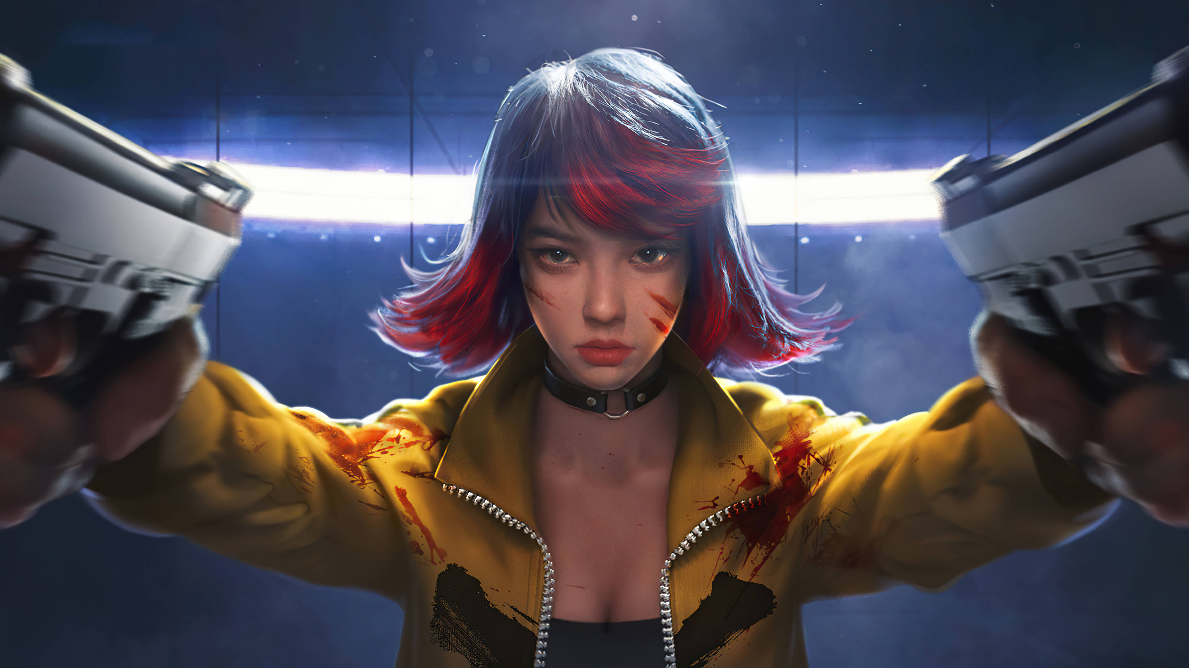 Cool Girl Gun Girl, red and blue hair, two pistols, 4K Desktop Wallpaper