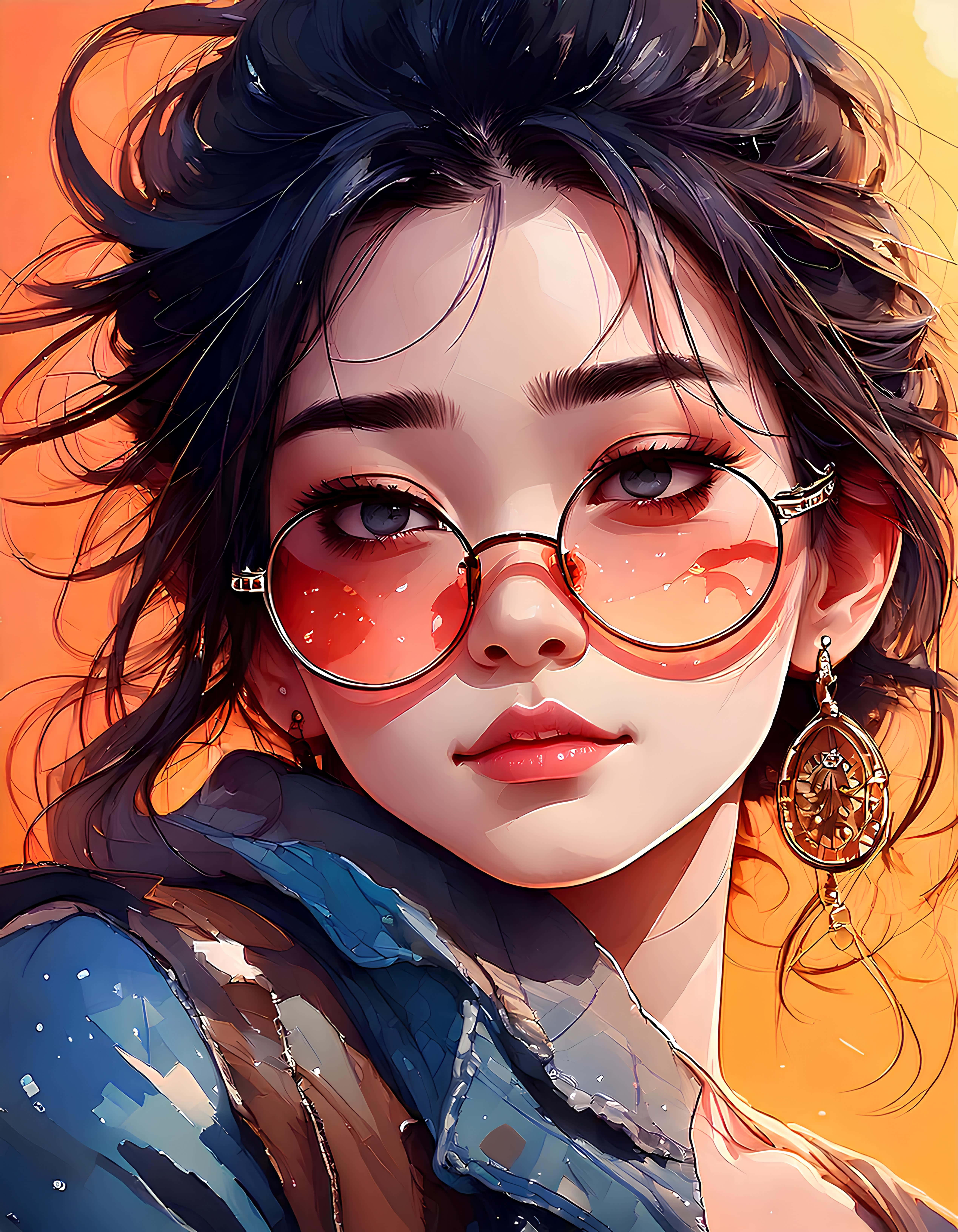 cool woman, dark tousled hair, round red-tinted glasses, 5K Phone Wallpaper