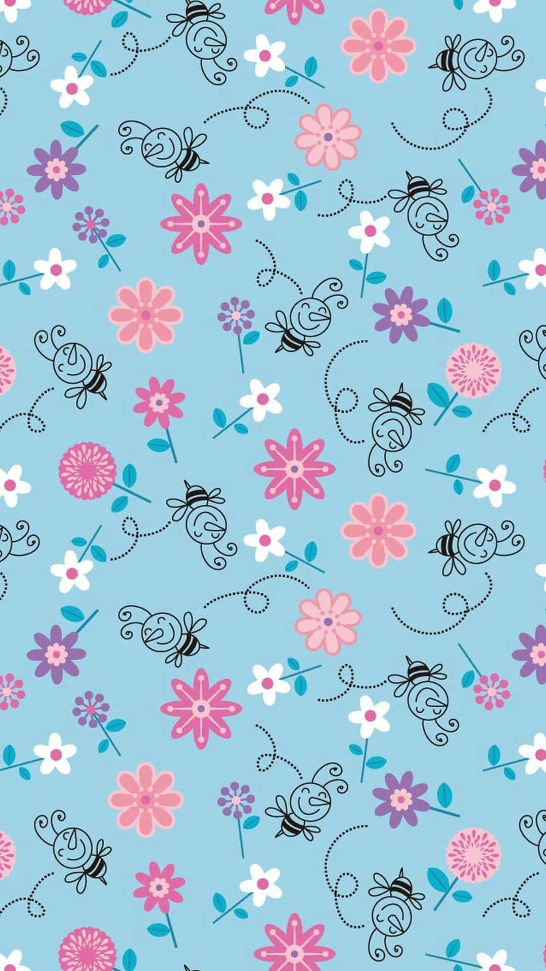 blue and pink floral pattern, butterflies, flowers, Full HD Phone Wallpaper
